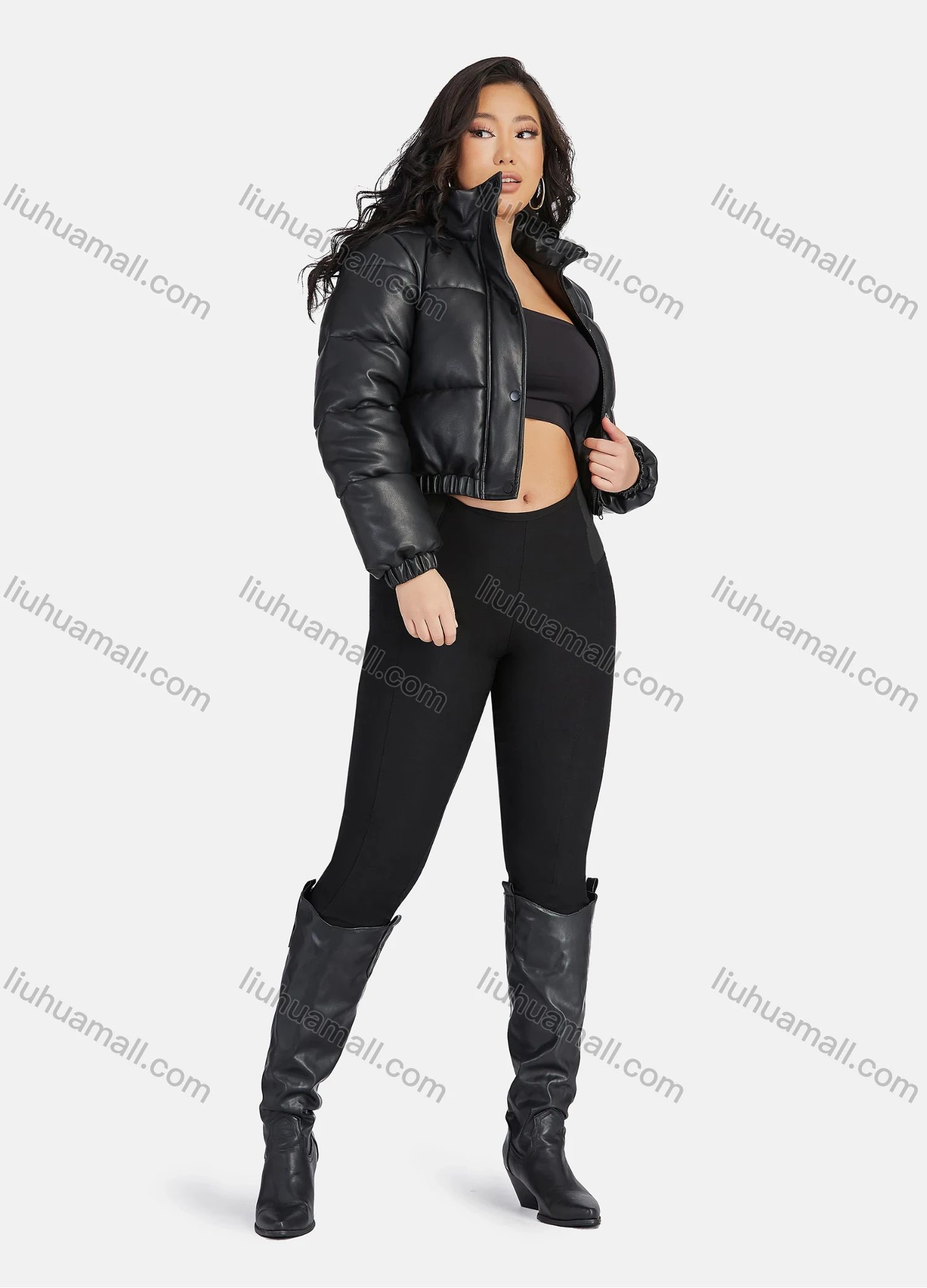 Wholesale Women's Fashion PU Leather Stand Collar Button Down Crop Puffer Jacket 552# - Liuhuamall