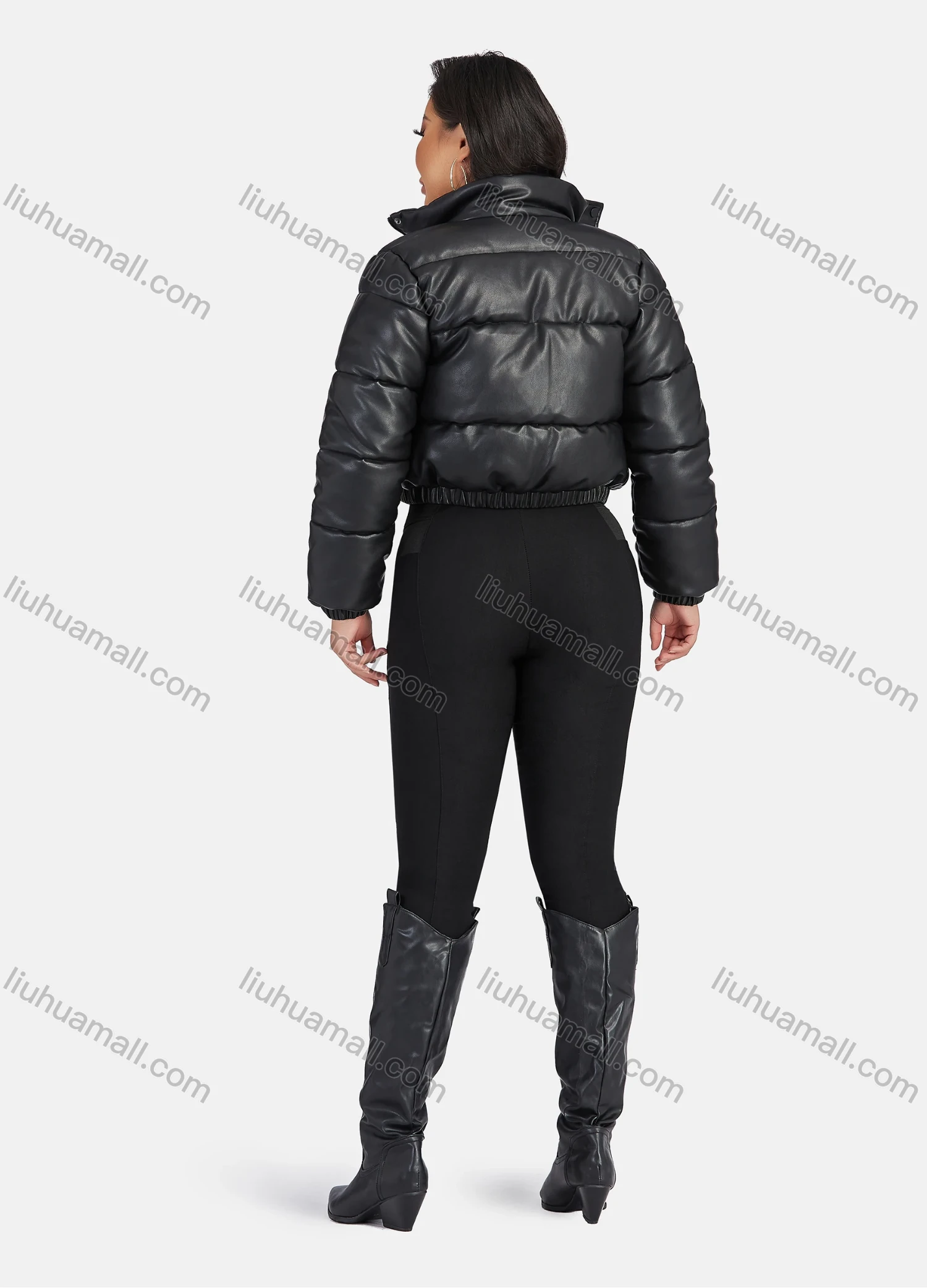 Wholesale Women's Fashion PU Leather Stand Collar Button Down Crop Puffer Jacket 552# - Liuhuamall