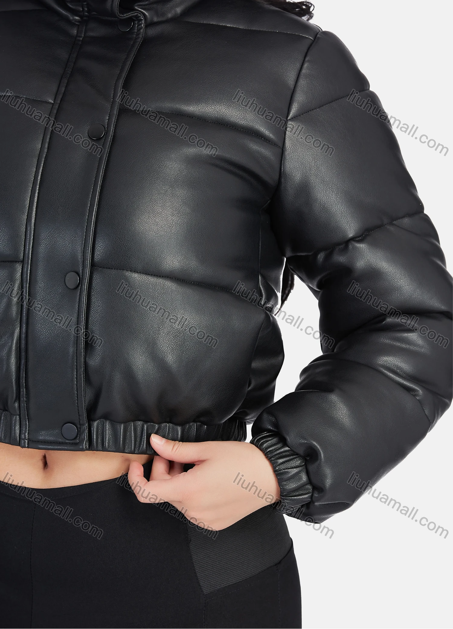 Wholesale Women's Fashion PU Leather Stand Collar Button Down Crop Puffer Jacket 552# - Liuhuamall