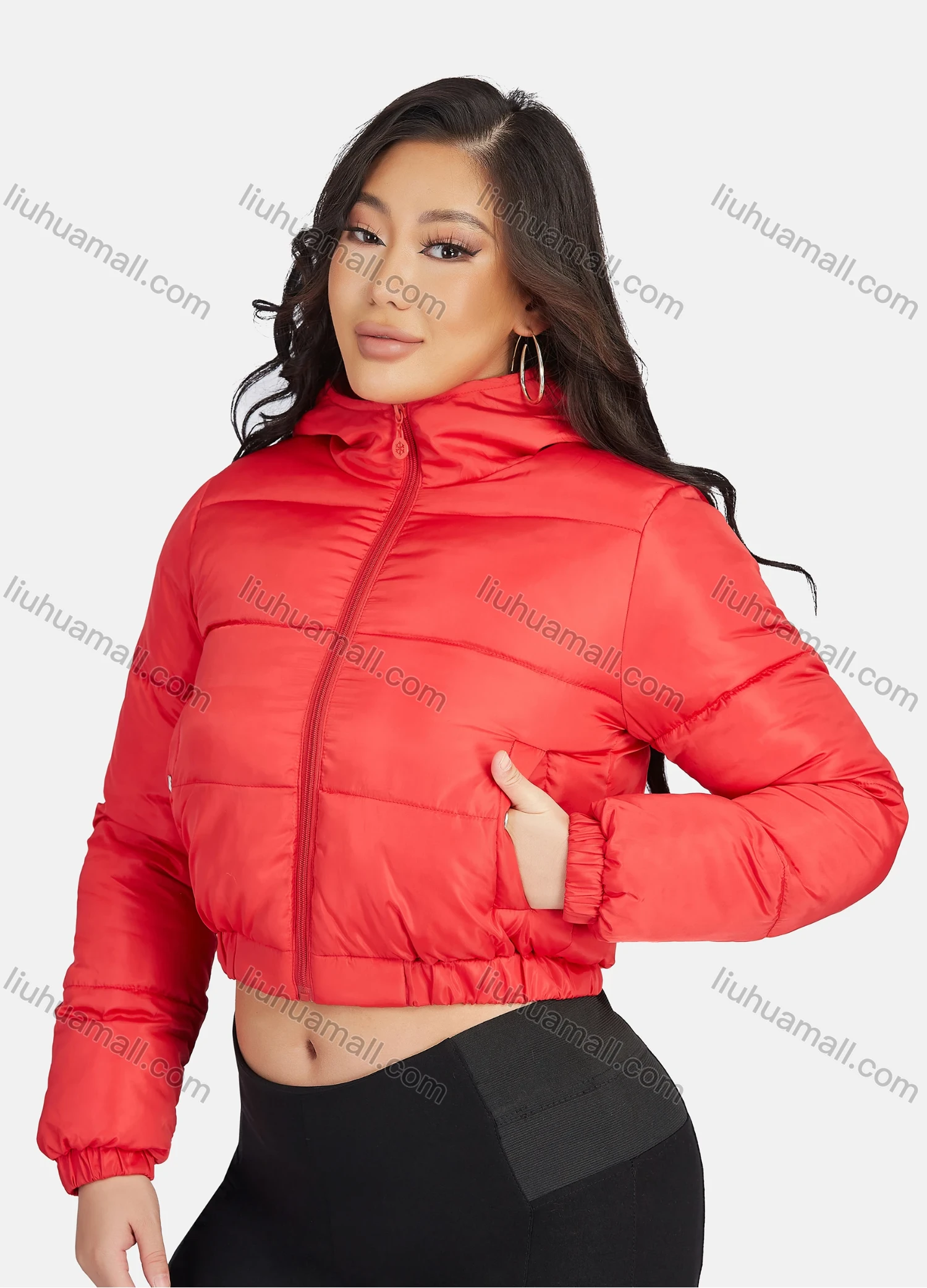 Wholesale Women's Fashion Hooded Crop Zipper Puffer Jacket 208# - Liuhuamall