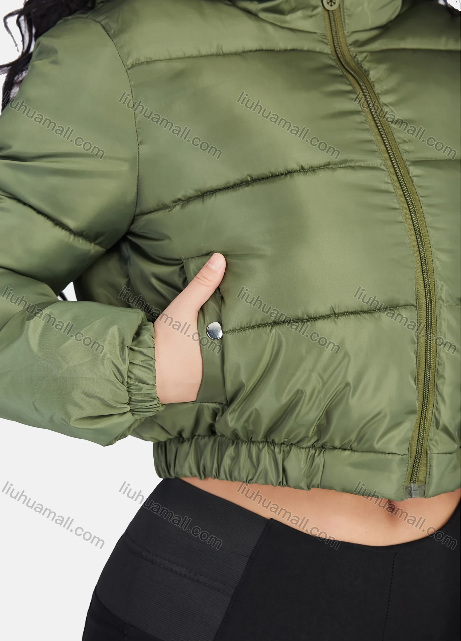Wholesale Women's Fashion Hooded Crop Zipper Puffer Jacket 208# - Liuhuamall