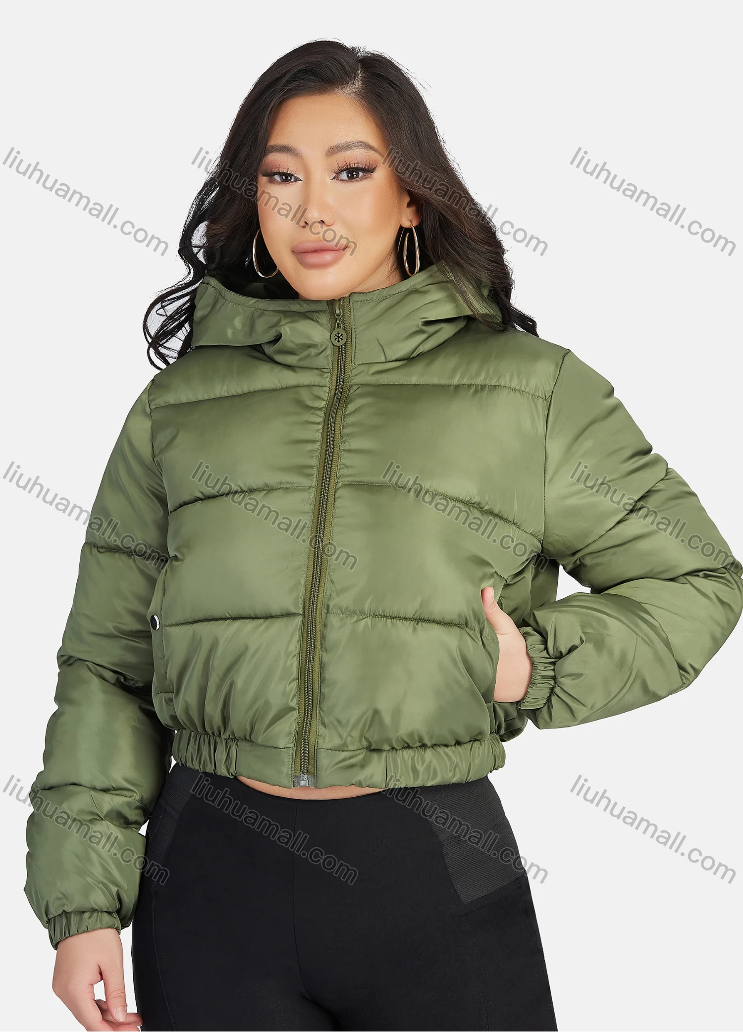 Wholesale Women's Fashion Hooded Crop Zipper Puffer Jacket 208# - Liuhuamall