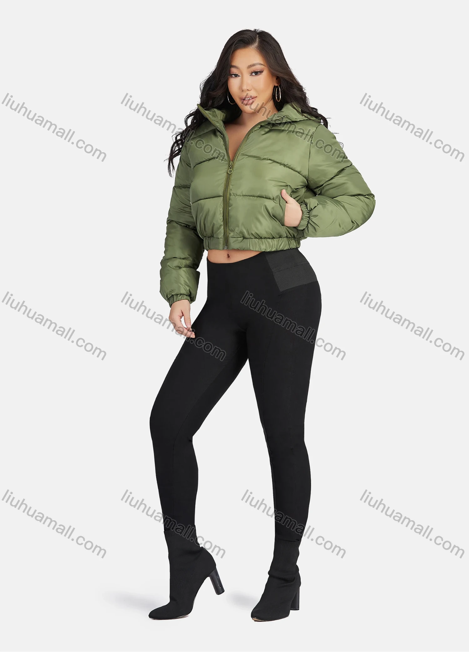 Wholesale Women's Fashion Hooded Crop Zipper Puffer Jacket 208# - Liuhuamall