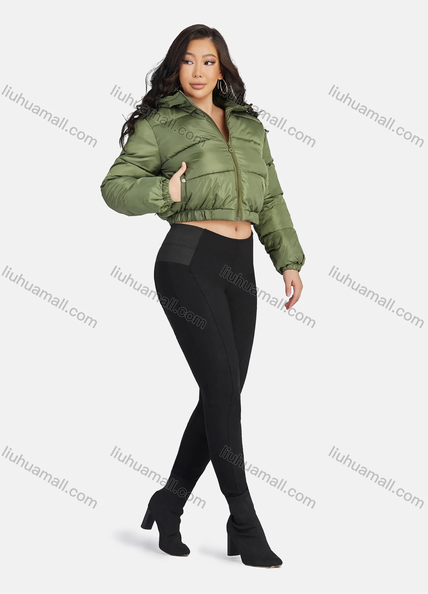 Wholesale Women's Fashion Hooded Crop Zipper Puffer Jacket 208# - Liuhuamall