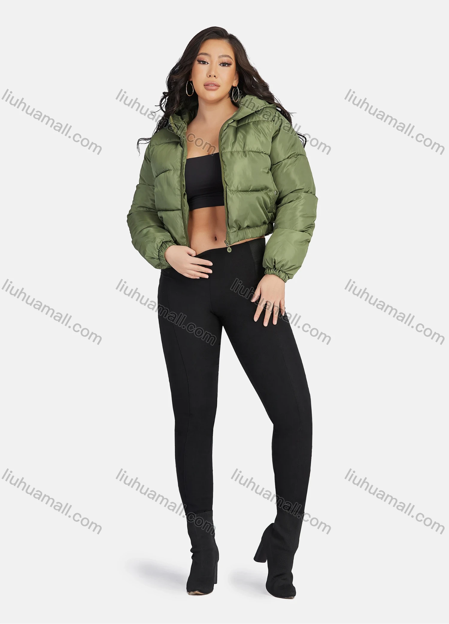 Wholesale Women's Fashion Hooded Crop Zipper Puffer Jacket 208# - Liuhuamall