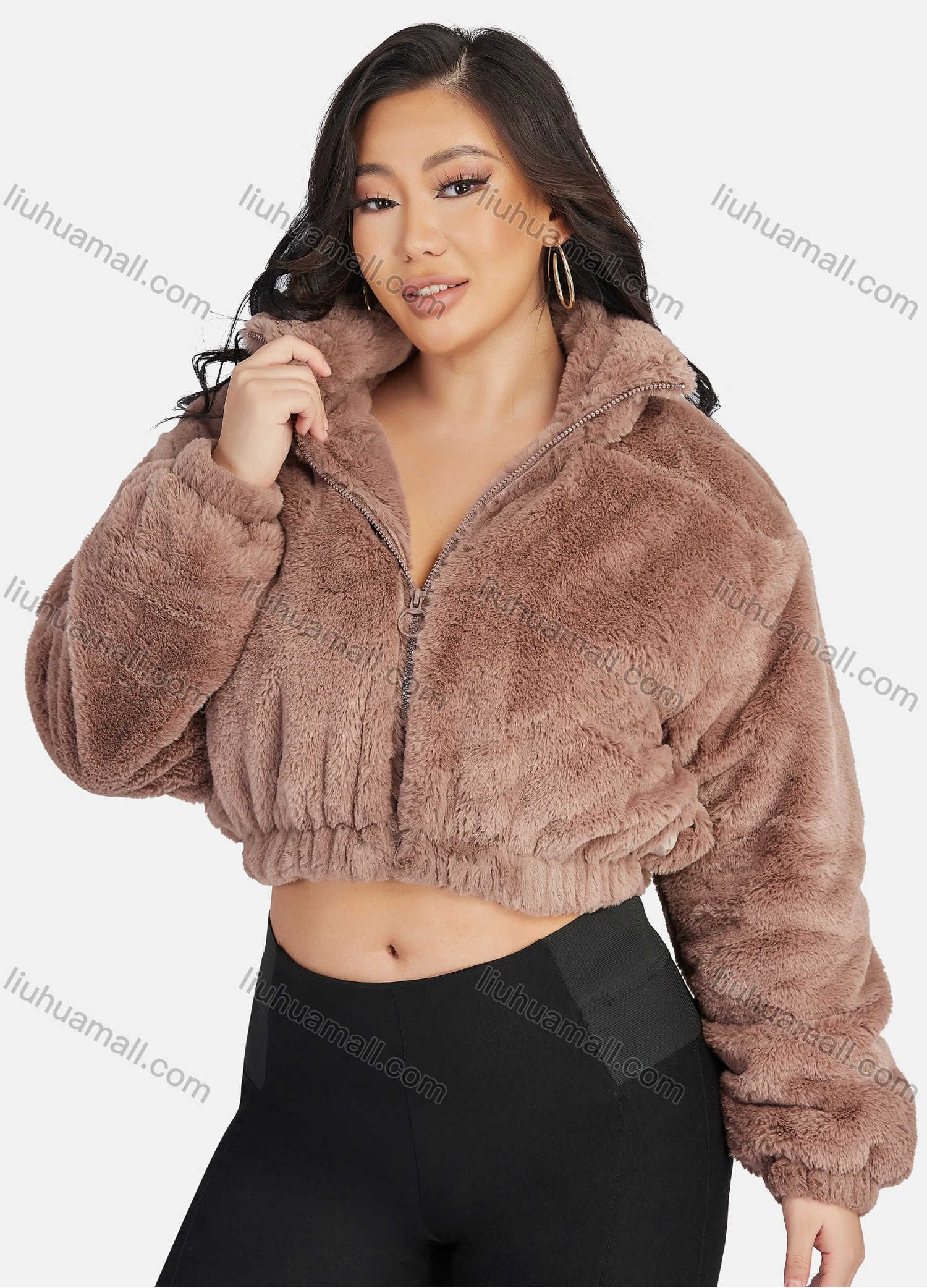 Wholesale Women's Fashion Stand Collar Crop Zipper Fuzzy Fluffy Jacket 2033# - Liuhuamall