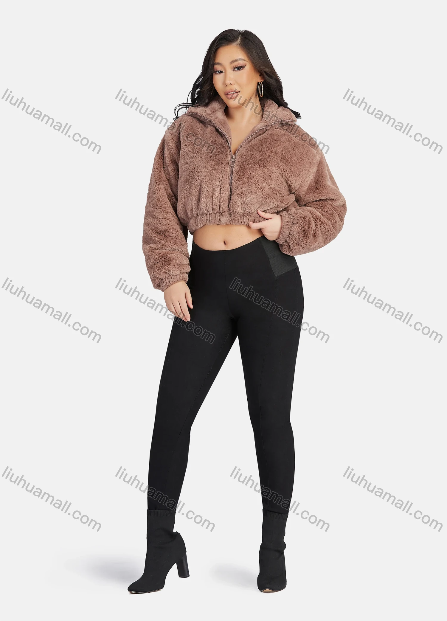 Wholesale Women's Fashion Stand Collar Crop Zipper Fuzzy Fluffy Jacket 2033# - Liuhuamall