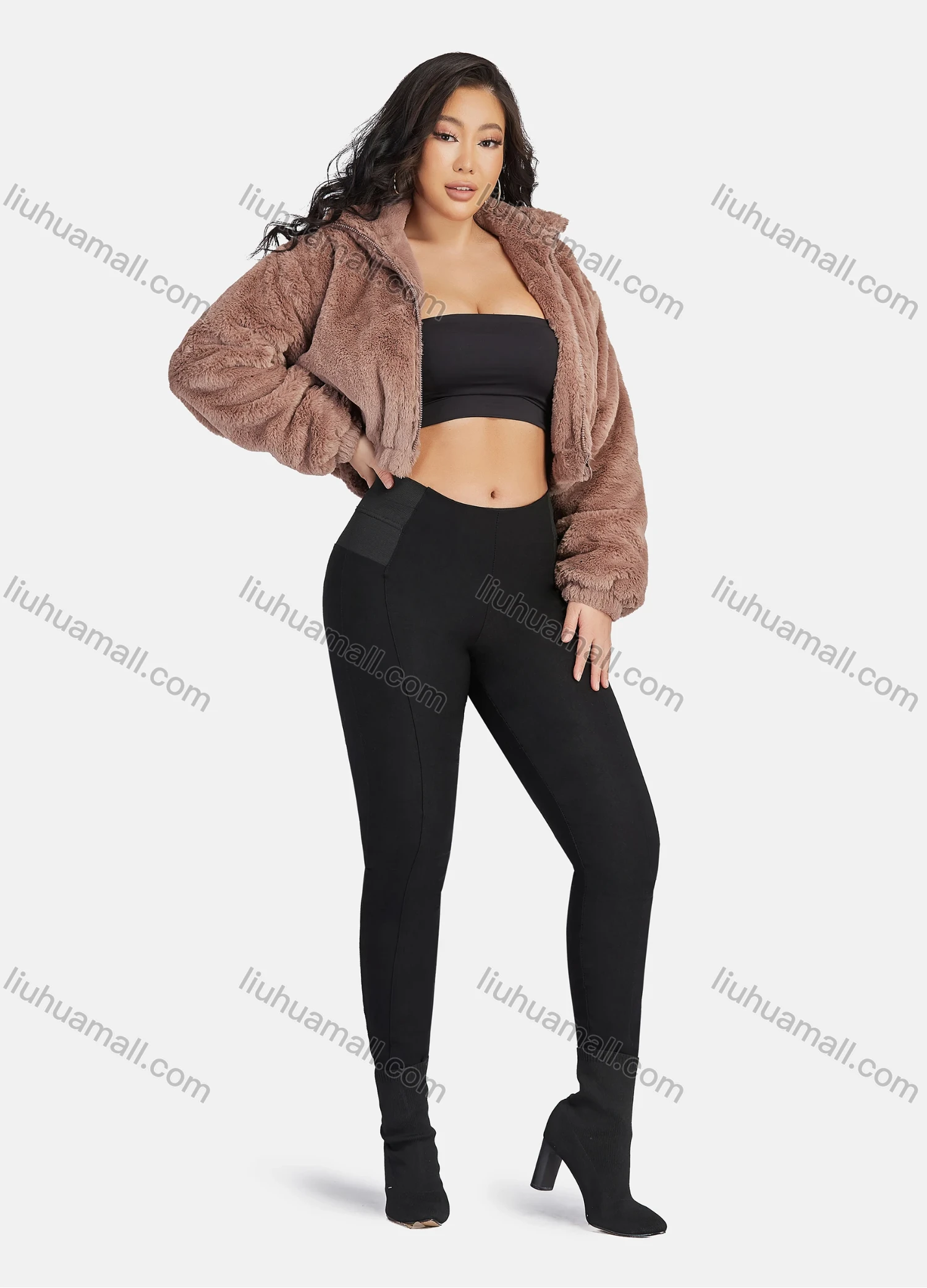 Wholesale Women's Fashion Stand Collar Crop Zipper Fuzzy Fluffy Jacket 2033# - Liuhuamall