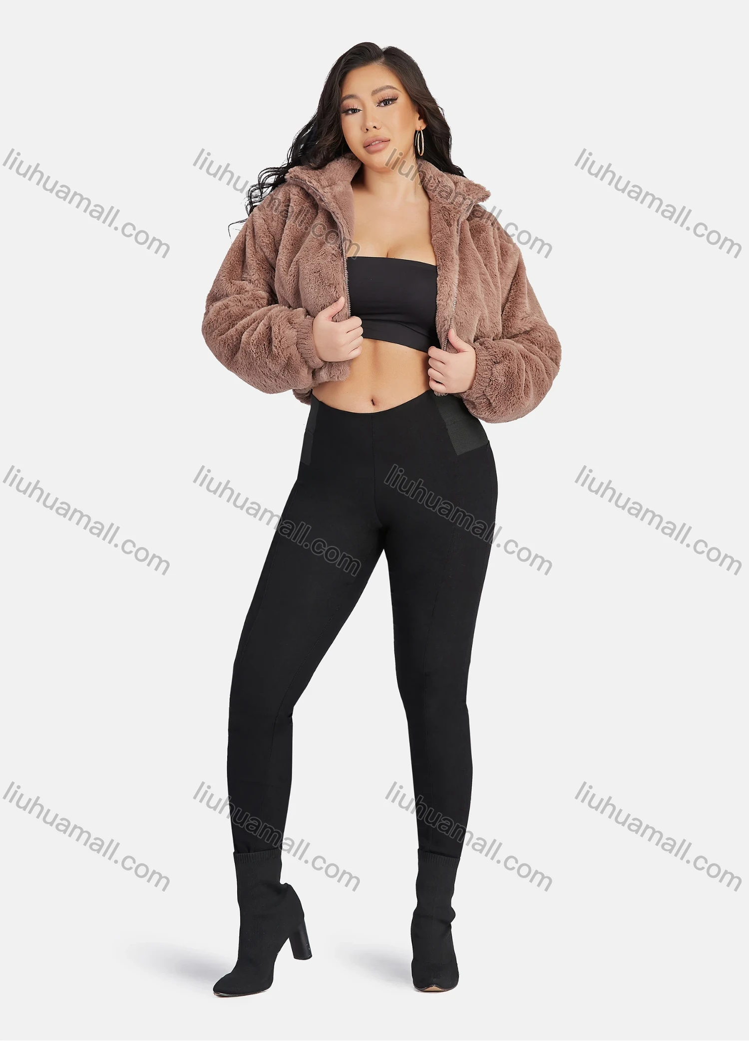 Wholesale Women's Fashion Stand Collar Crop Zipper Fuzzy Fluffy Jacket 2033# - Liuhuamall