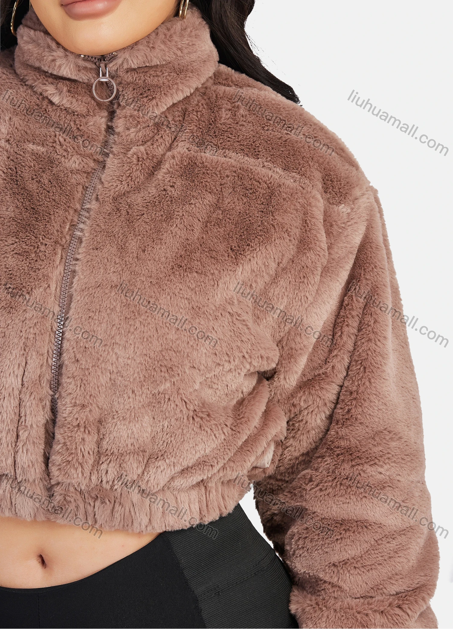 Wholesale Women's Fashion Stand Collar Crop Zipper Fuzzy Fluffy Jacket 2033# - Liuhuamall