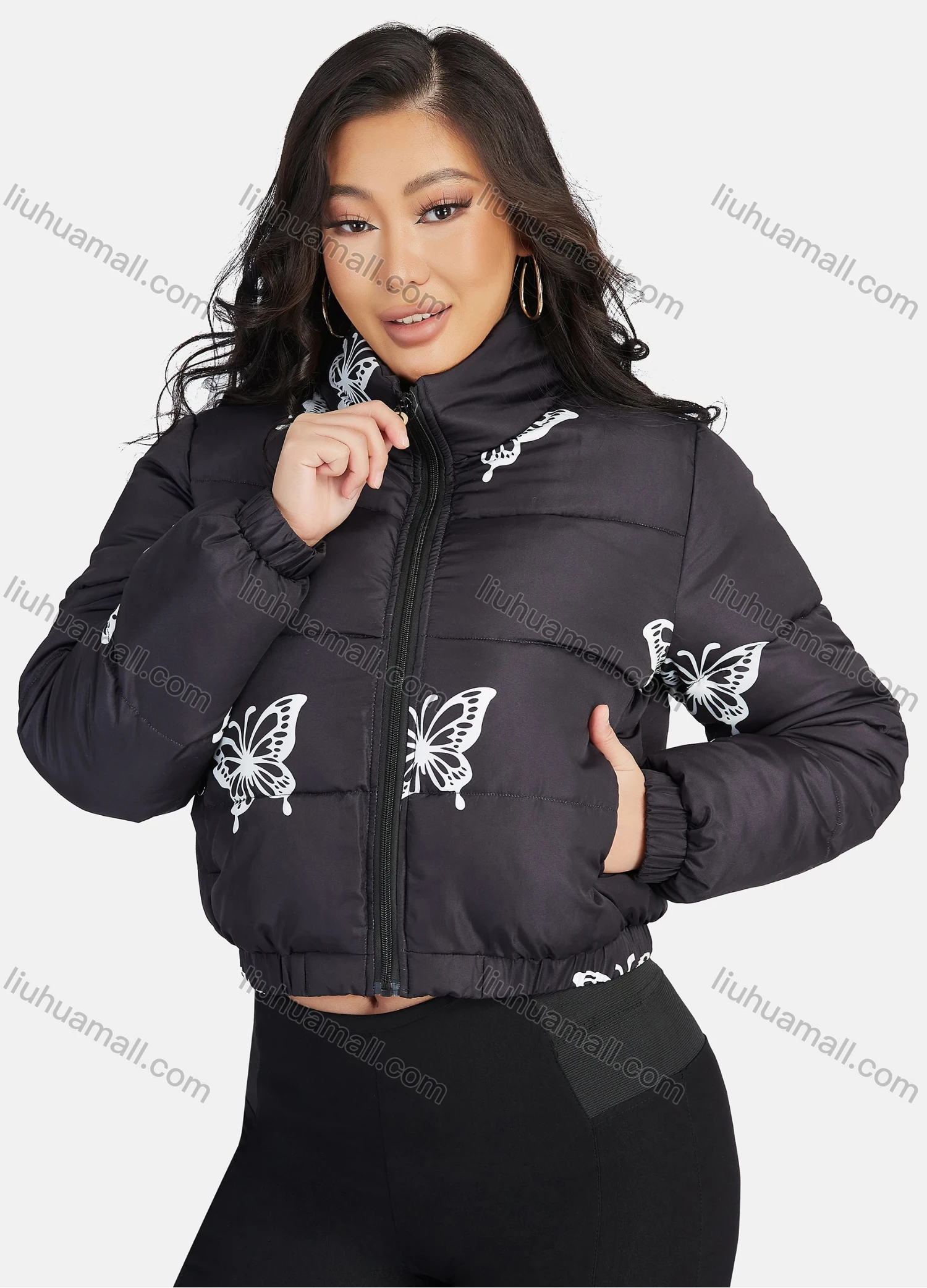 Wholesale Women's Fashion Stand Collar Butterfly Print Zipper Crop Puffer Jacket 888# - Liuhuamall