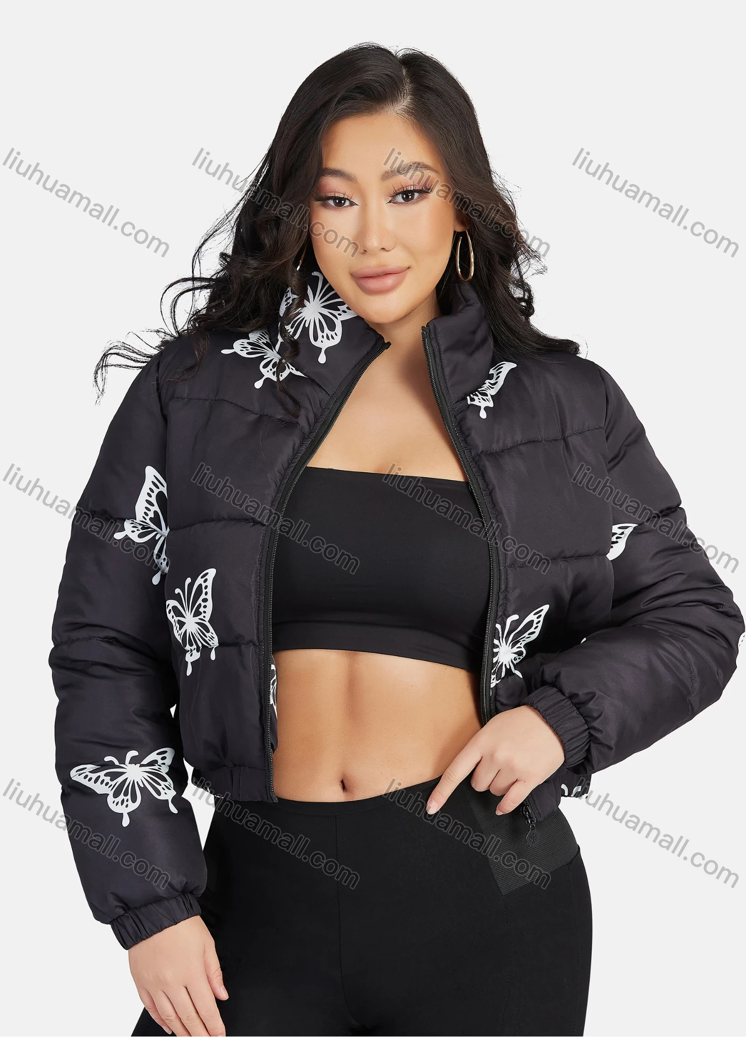 Wholesale Women's Fashion Stand Collar Butterfly Print Zipper Crop Puffer Jacket 888# - Liuhuamall