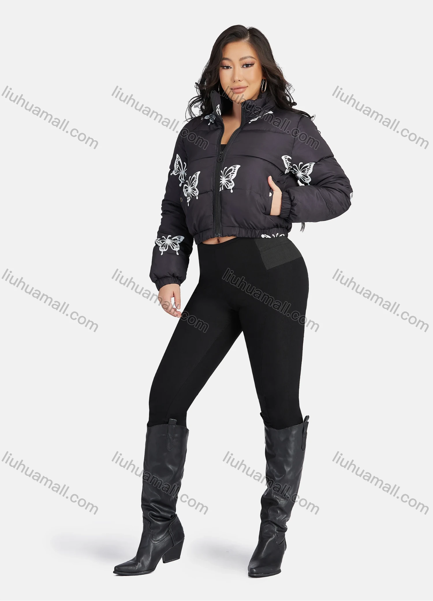 Wholesale Women's Fashion Stand Collar Butterfly Print Zipper Crop Puffer Jacket 888# - Liuhuamall