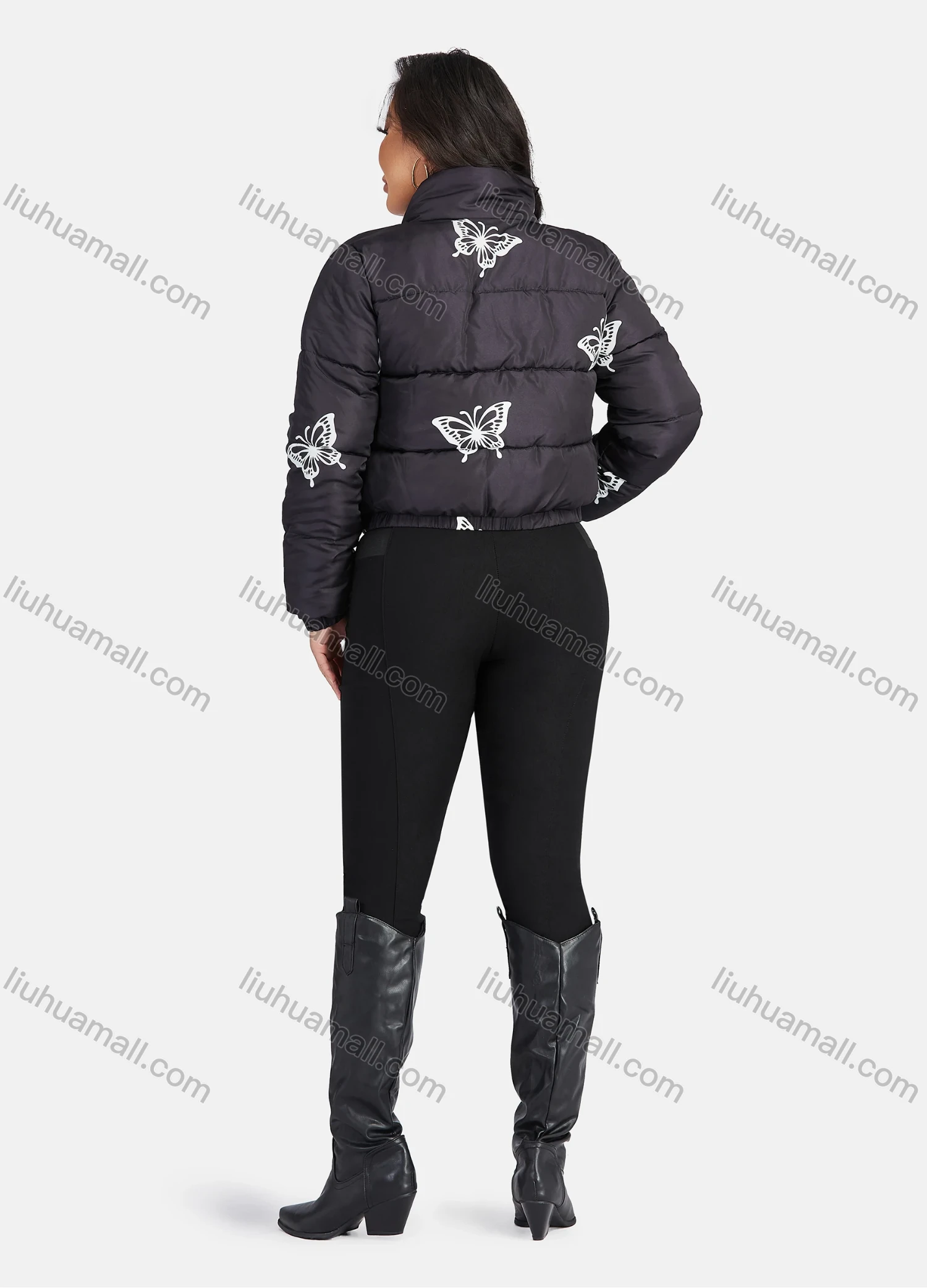 Wholesale Women's Fashion Stand Collar Butterfly Print Zipper Crop Puffer Jacket 888# - Liuhuamall