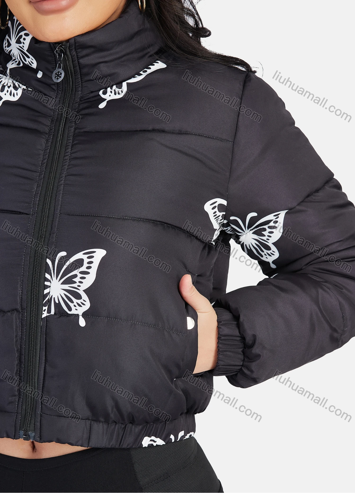 Wholesale Women's Fashion Stand Collar Butterfly Print Zipper Crop Puffer Jacket 888# - Liuhuamall
