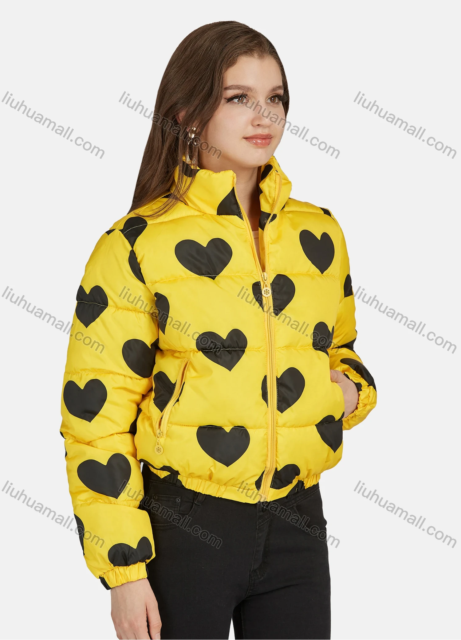 Wholesale Women's Fashion Stand Collar Heart Print Zipper Puffer Jacket 665# - Liuhuamall