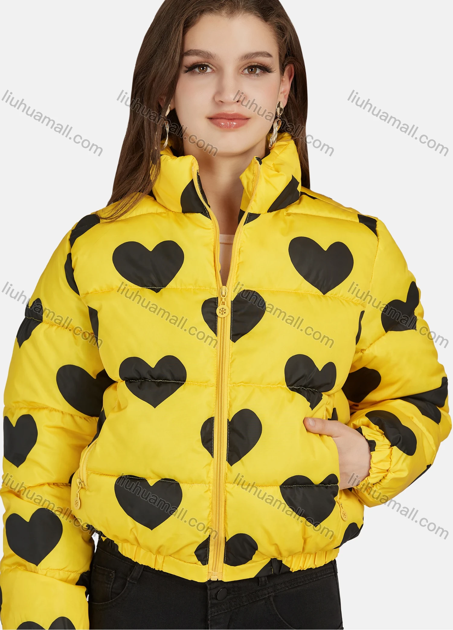 Wholesale Women's Fashion Stand Collar Heart Print Zipper Puffer Jacket 665# - Liuhuamall