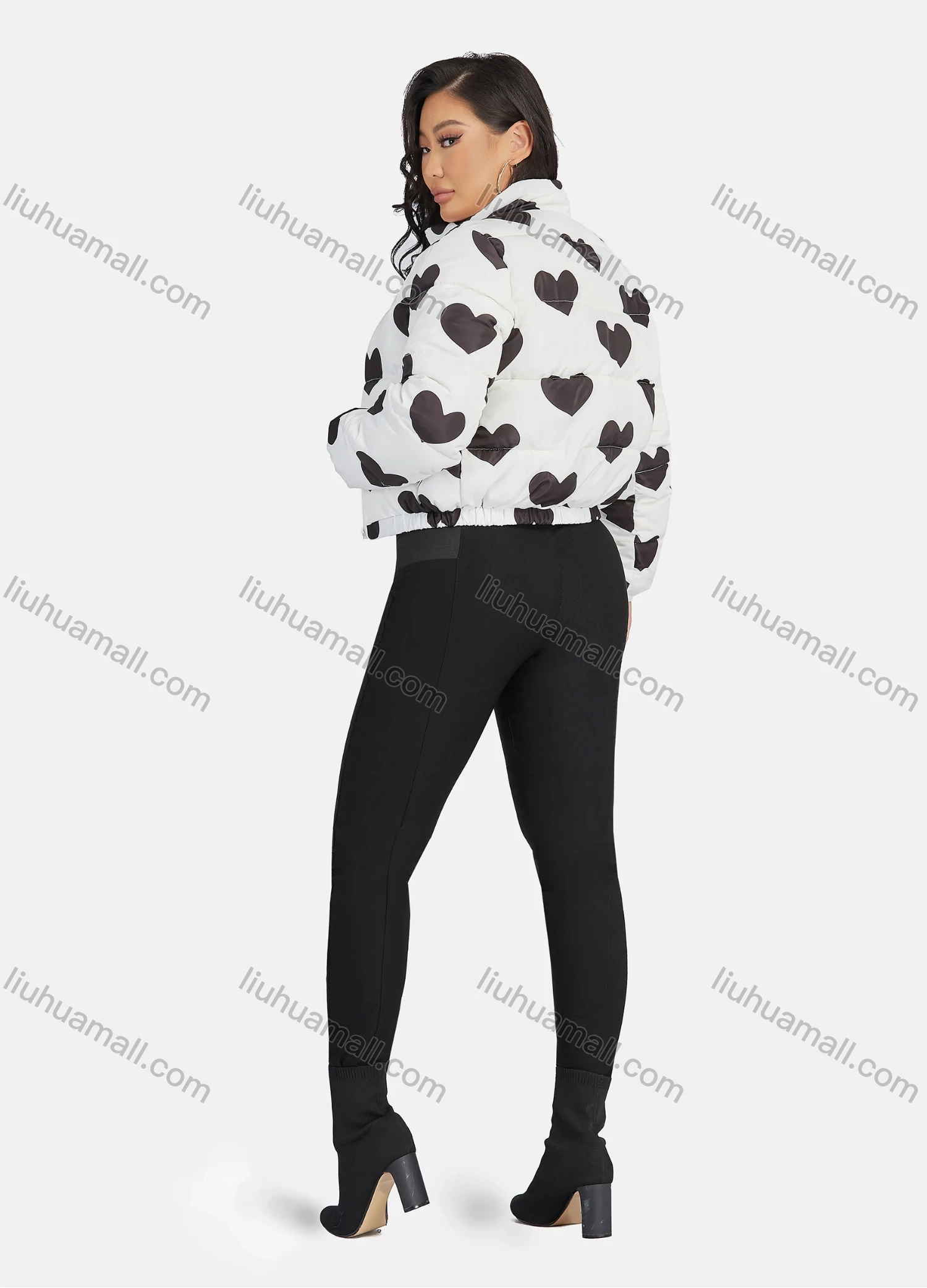 Wholesale Women's Fashion Stand Collar Heart Print Zipper Puffer Jacket 665# - Liuhuamall