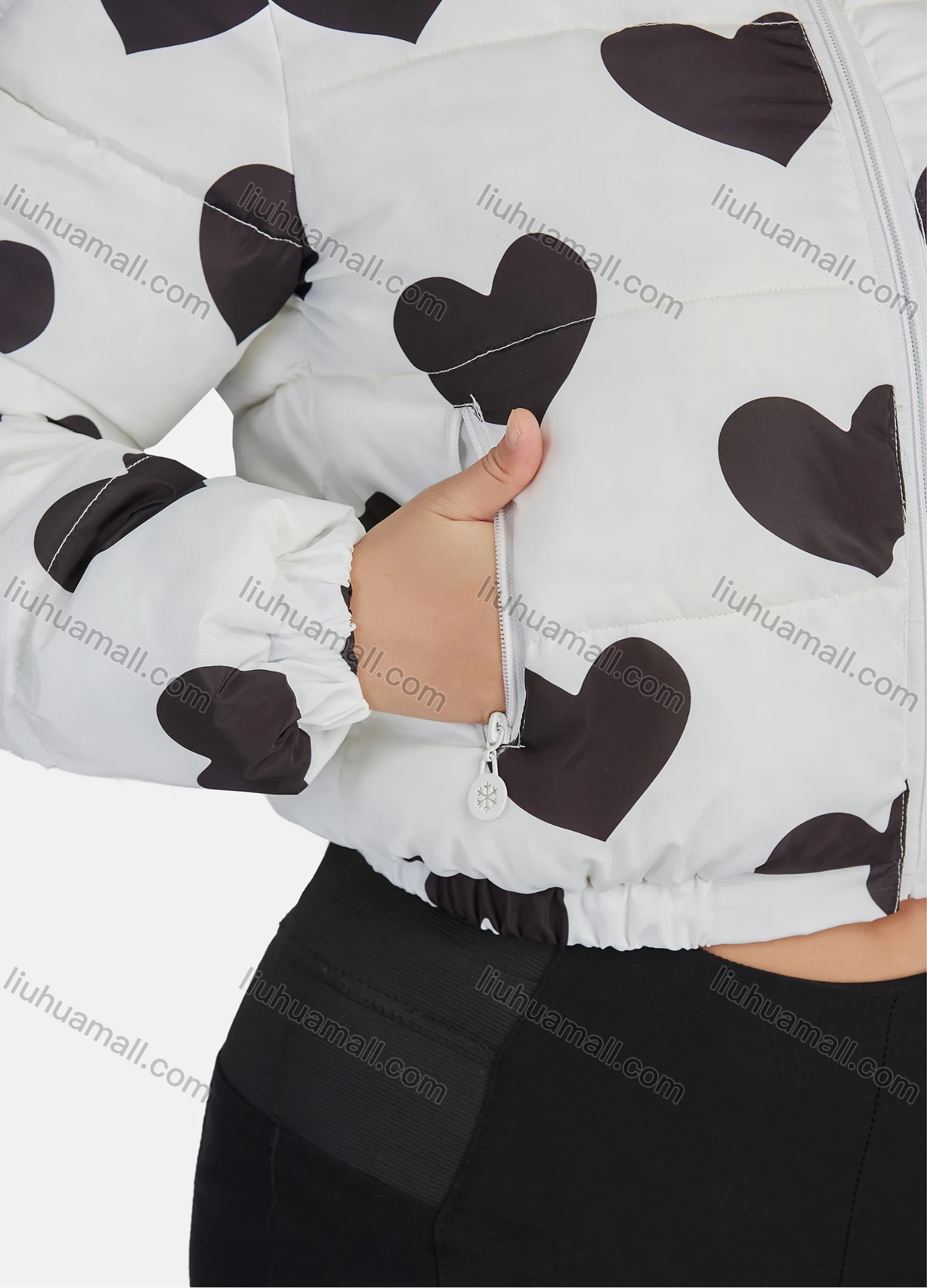 Wholesale Women's Fashion Stand Collar Heart Print Zipper Puffer Jacket 665# - Liuhuamall