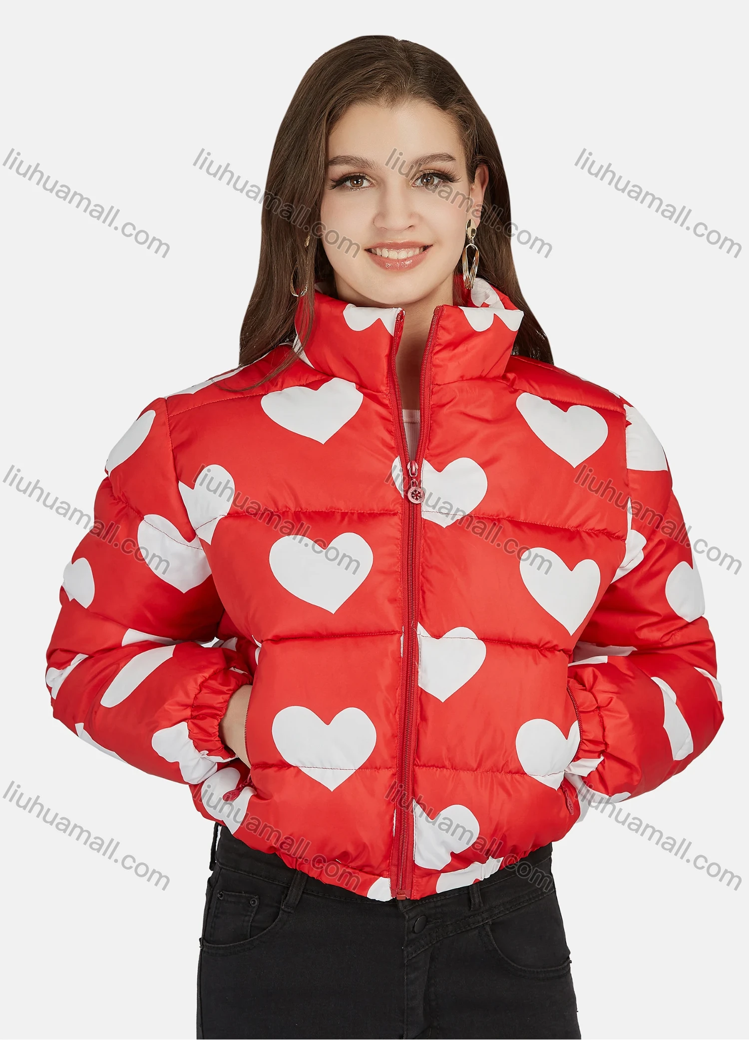 Wholesale Women's Fashion Stand Collar Heart Print Zipper Puffer Jacket 665# - Liuhuamall