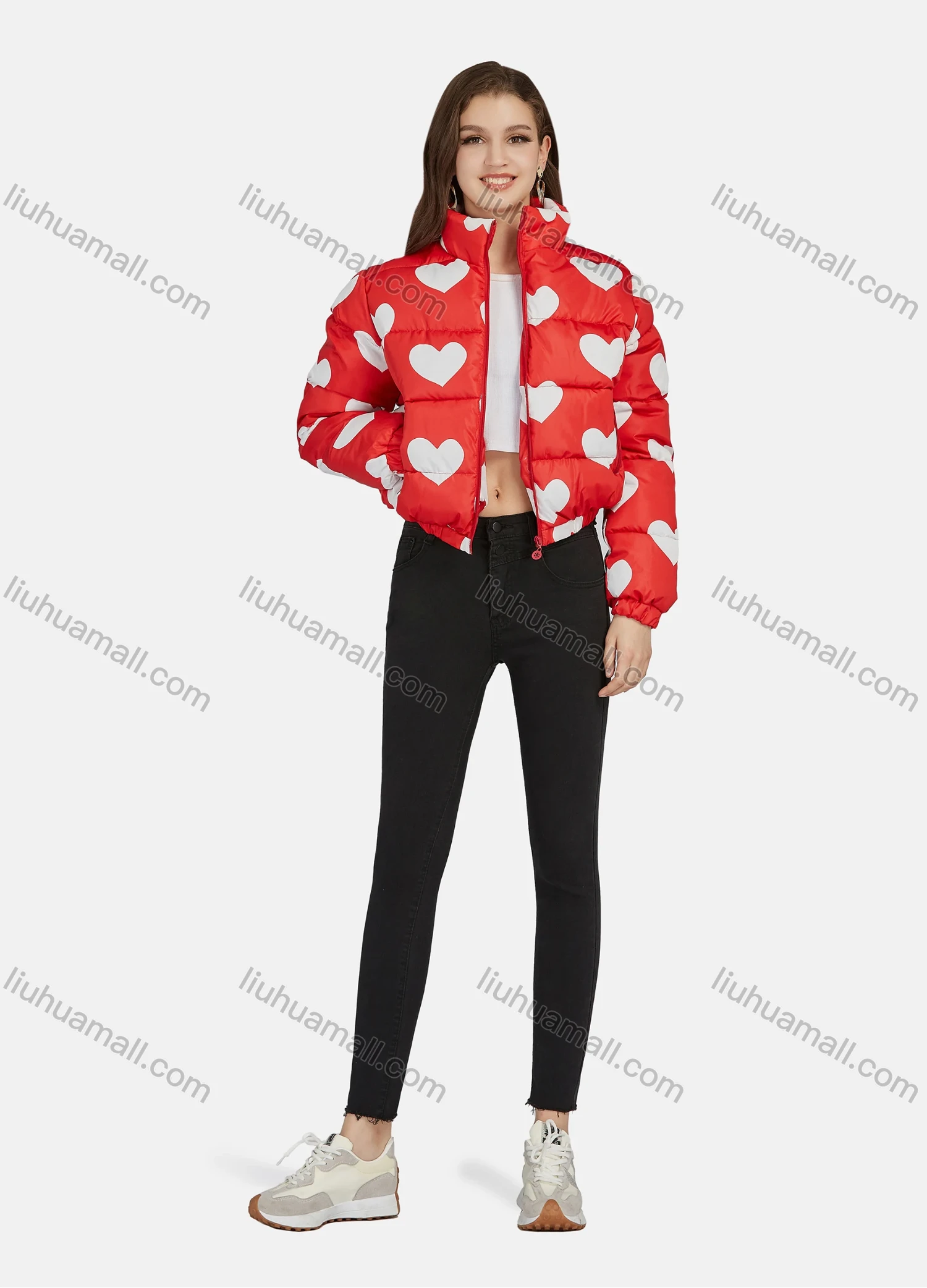 Wholesale Women's Fashion Stand Collar Heart Print Zipper Puffer Jacket 665# - Liuhuamall