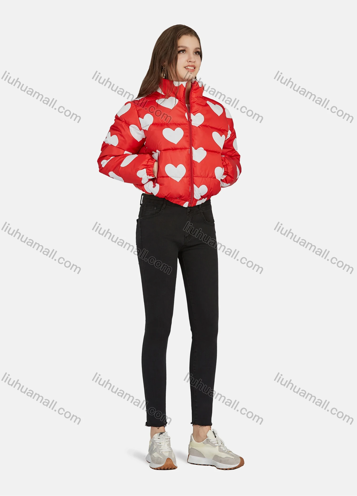 Wholesale Women's Fashion Stand Collar Heart Print Zipper Puffer Jacket 665# - Liuhuamall