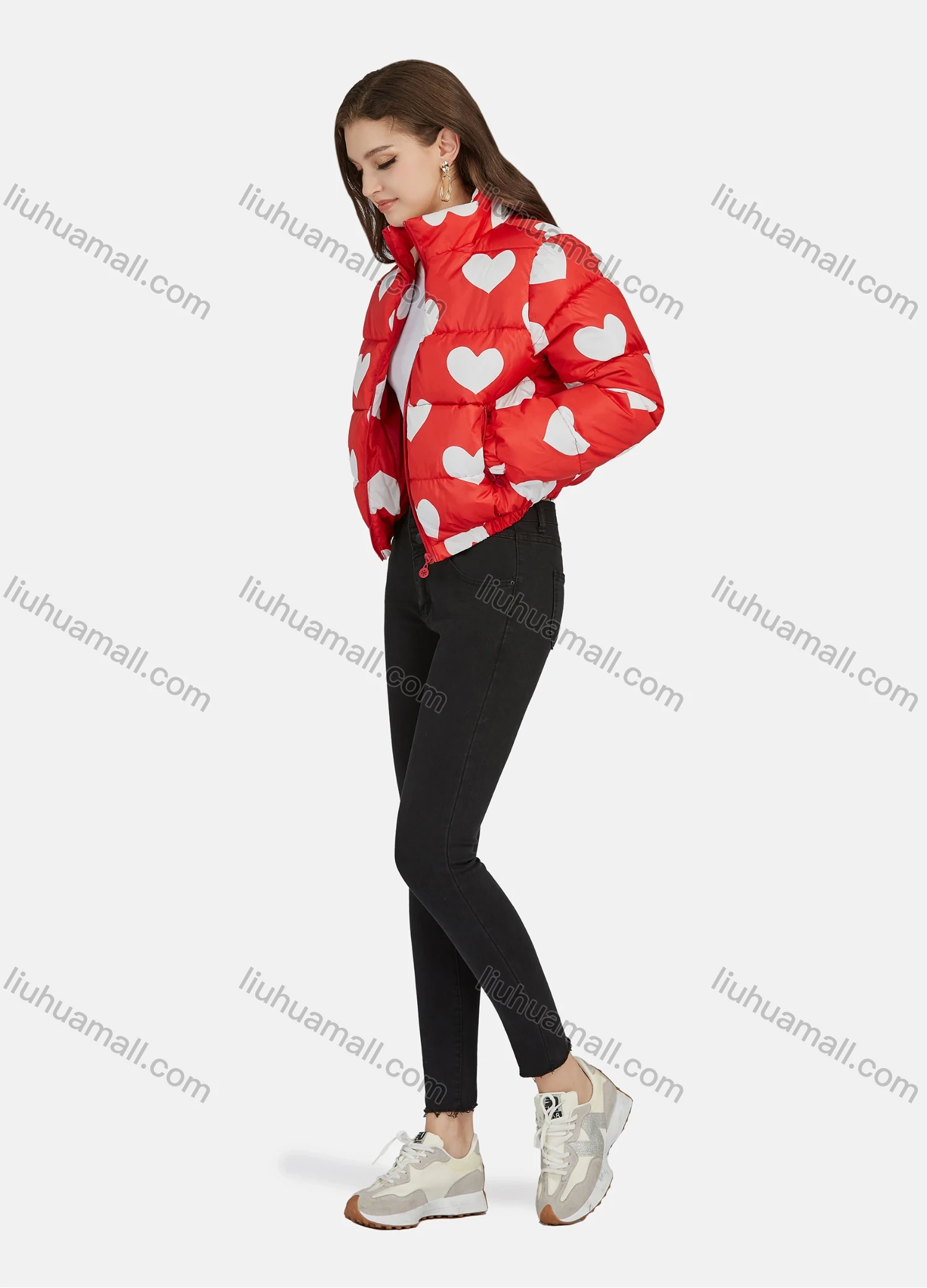 Wholesale Women's Fashion Stand Collar Heart Print Zipper Puffer Jacket 665# - Liuhuamall