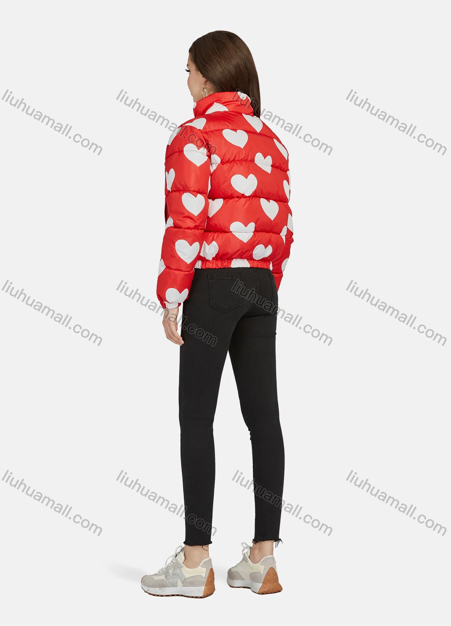 Wholesale Women's Fashion Stand Collar Heart Print Zipper Puffer Jacket 665# - Liuhuamall