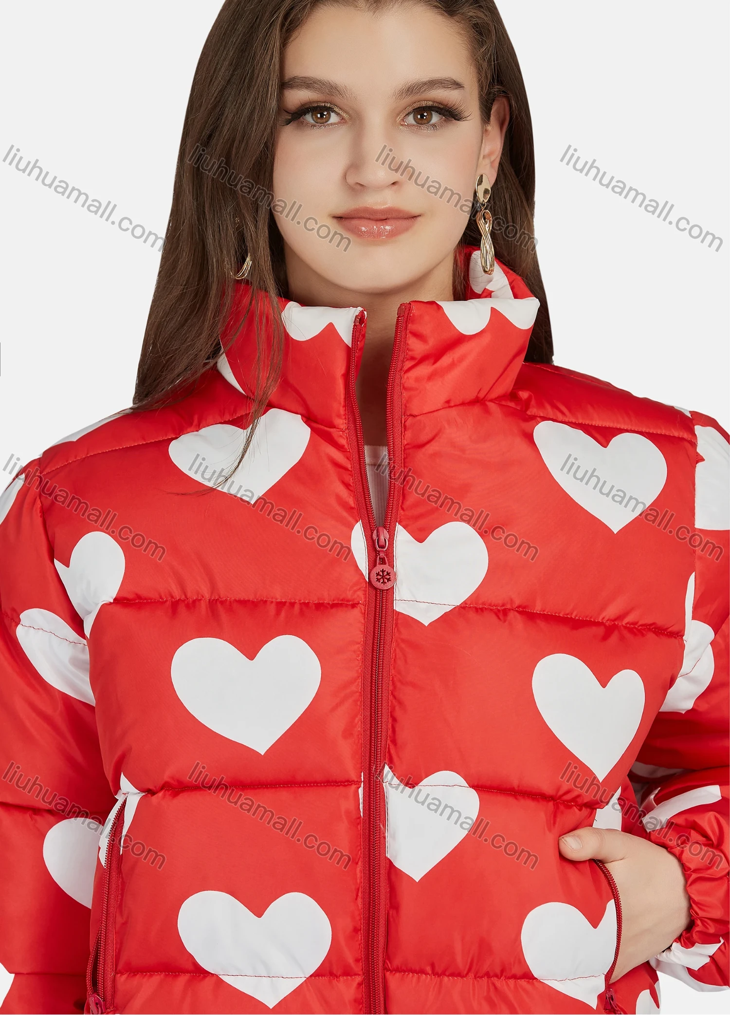 Wholesale Women's Fashion Stand Collar Heart Print Zipper Puffer Jacket 665# - Liuhuamall