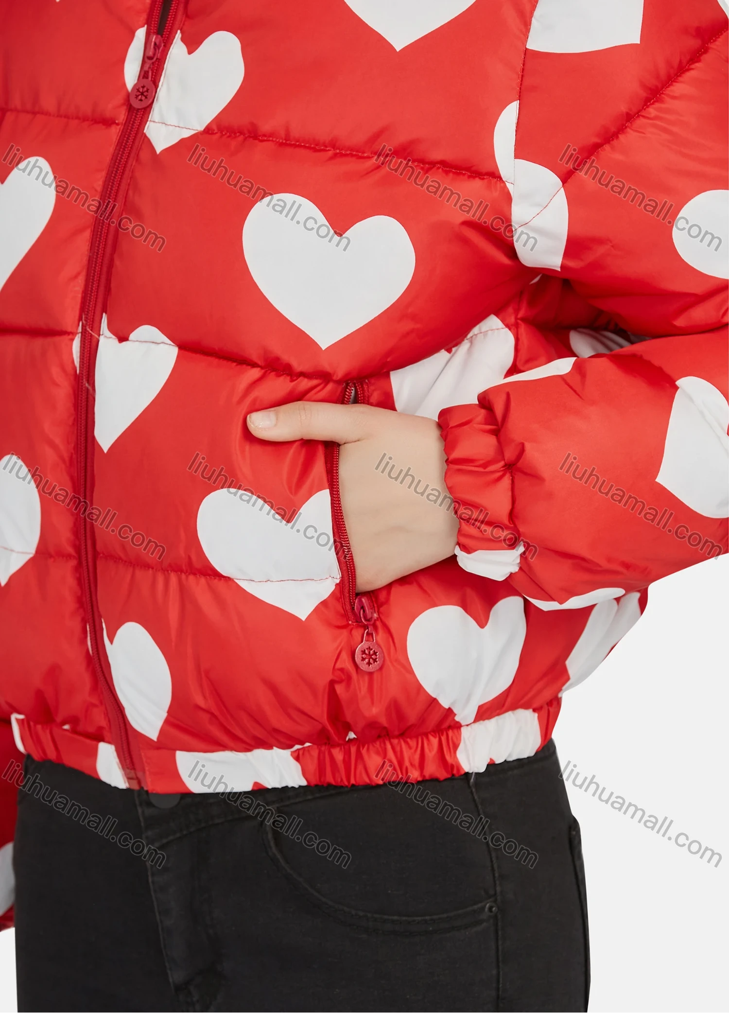 Wholesale Women's Fashion Stand Collar Heart Print Zipper Puffer Jacket 665# - Liuhuamall