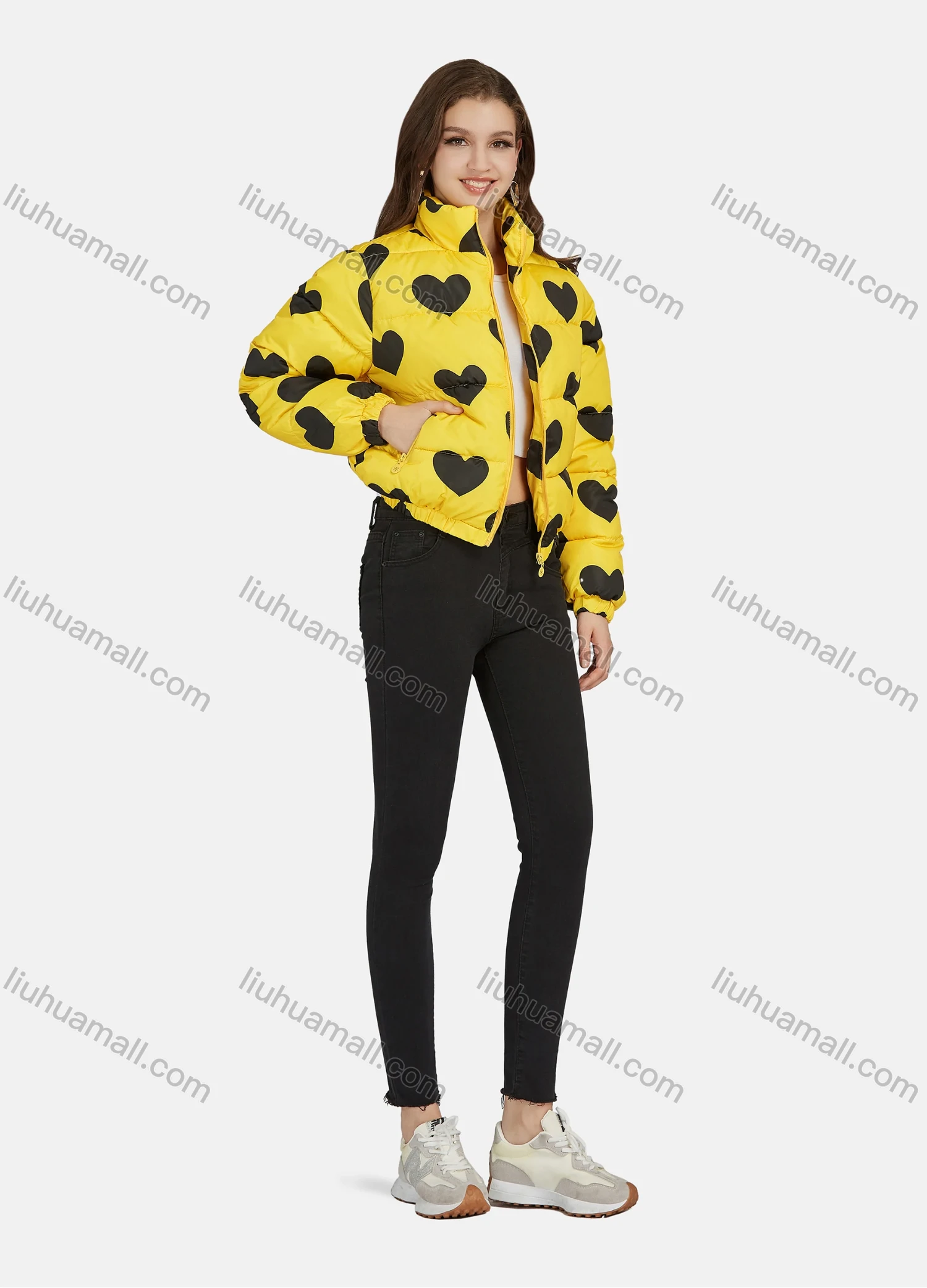 Wholesale Women's Fashion Stand Collar Heart Print Zipper Puffer Jacket 665# - Liuhuamall