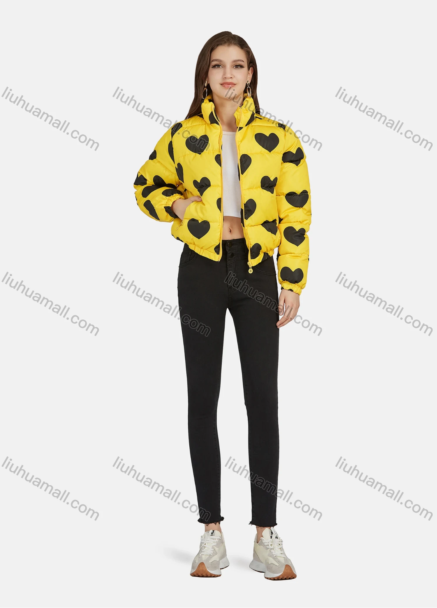 Wholesale Women's Fashion Stand Collar Heart Print Zipper Puffer Jacket 665# - Liuhuamall