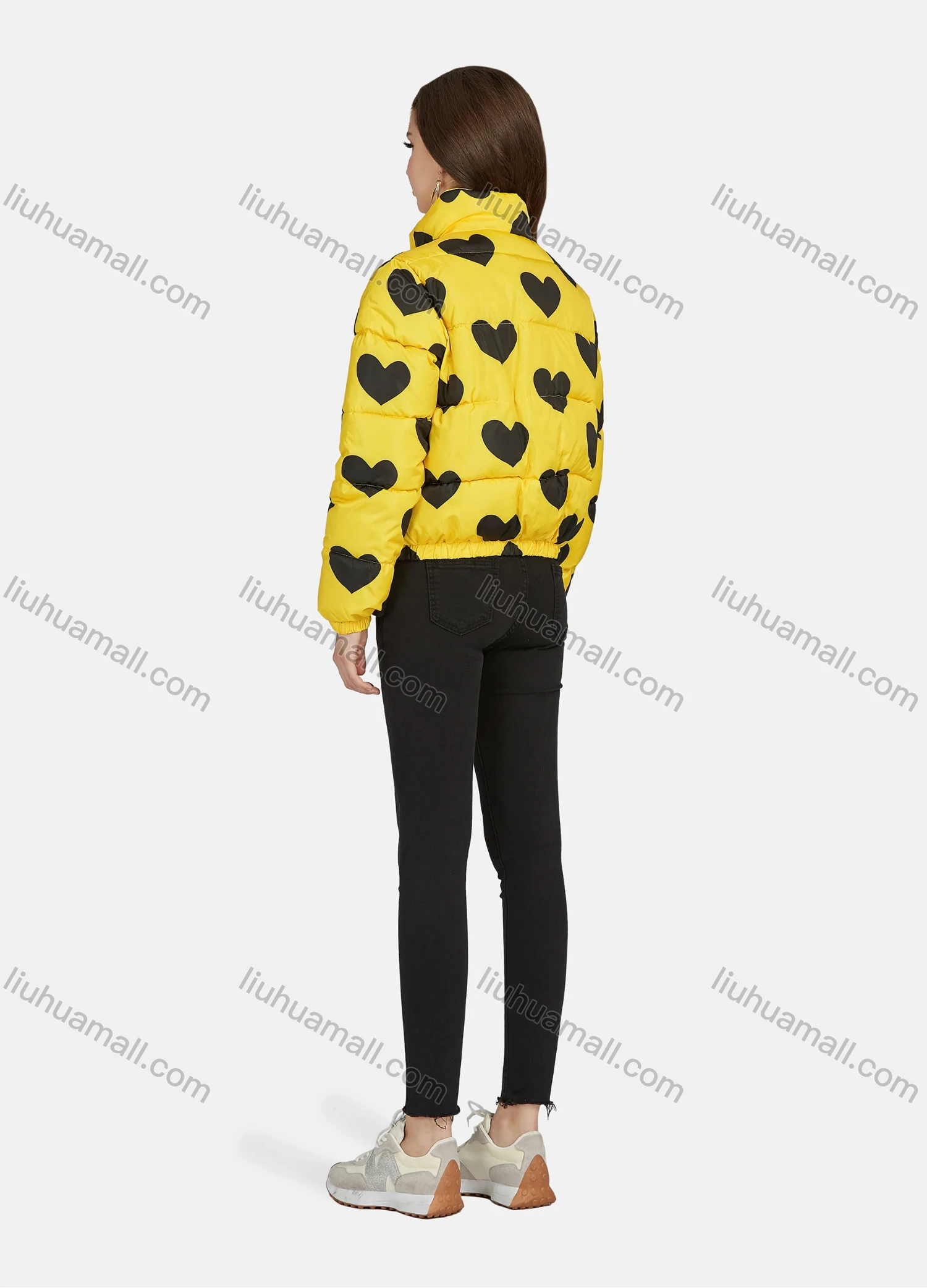Wholesale Women's Fashion Stand Collar Heart Print Zipper Puffer Jacket 665# - Liuhuamall
