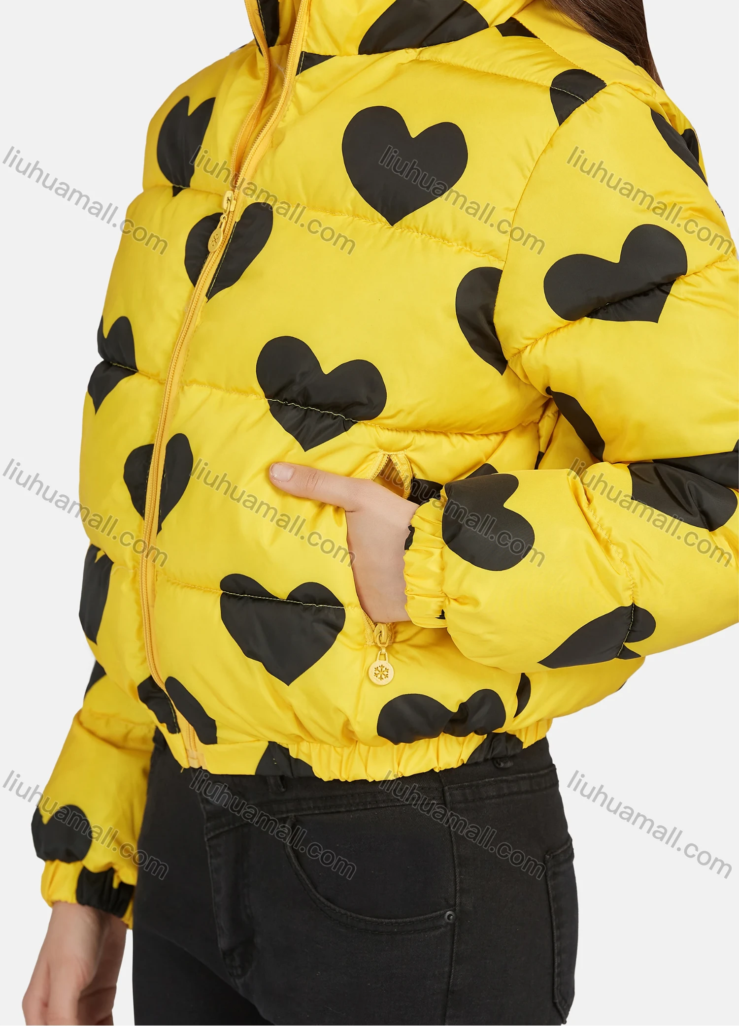 Wholesale Women's Fashion Stand Collar Heart Print Zipper Puffer Jacket 665# - Liuhuamall