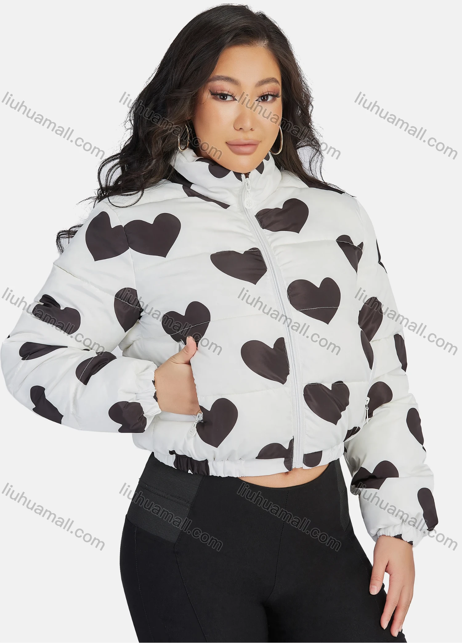 Wholesale Women's Fashion Stand Collar Heart Print Zipper Puffer Jacket 665# - Liuhuamall