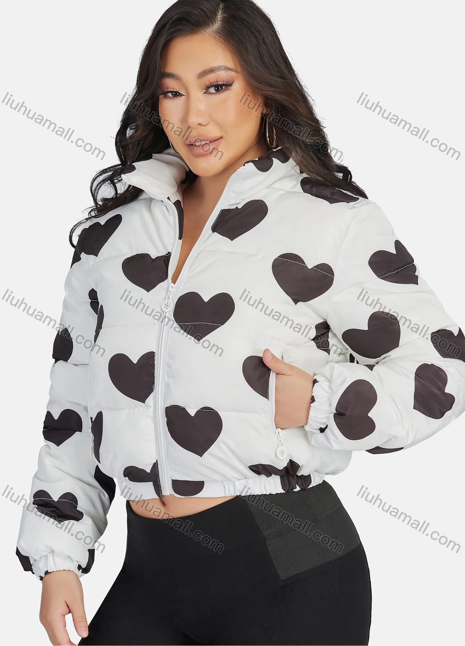 Wholesale Women's Fashion Stand Collar Heart Print Zipper Puffer Jacket 665# - Liuhuamall