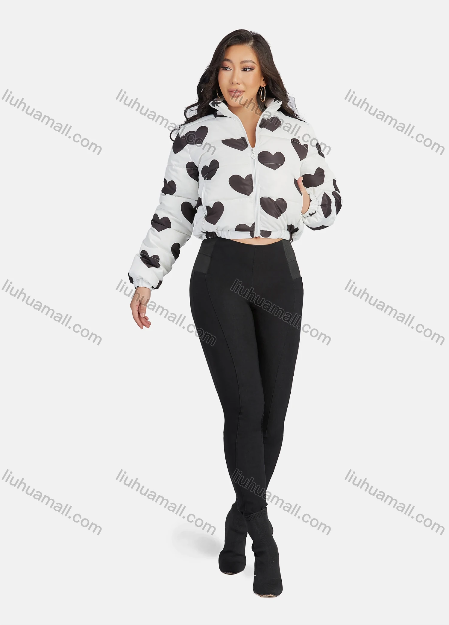 Wholesale Women's Fashion Stand Collar Heart Print Zipper Puffer Jacket 665# - Liuhuamall