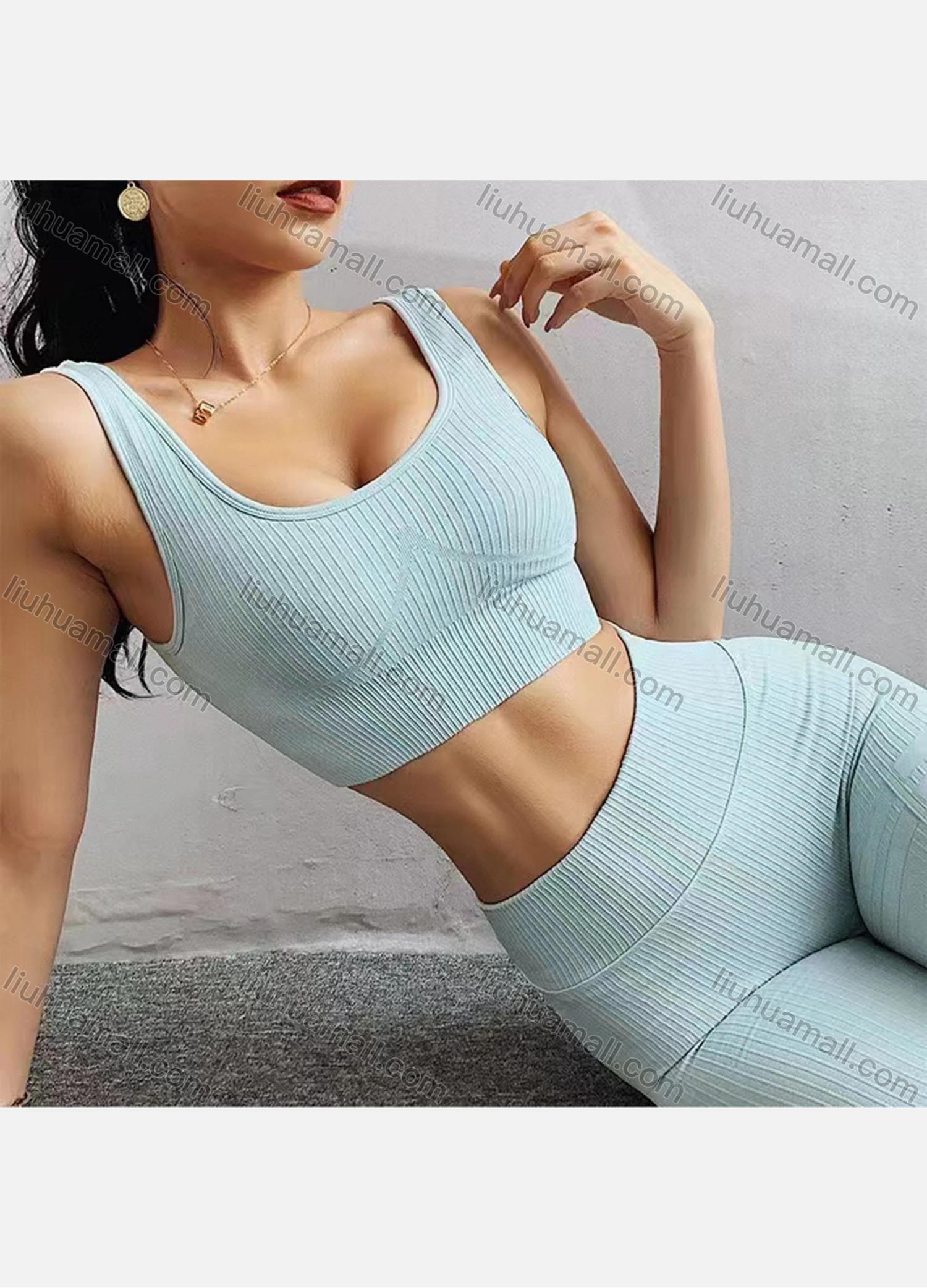 Wholesale Women's Plain Stretchy Sports Bra & High Waist Butt Lifting Rib-knit Ankle Length Yoga Leggings 2 Piece Set SP169# - Liuhuamall