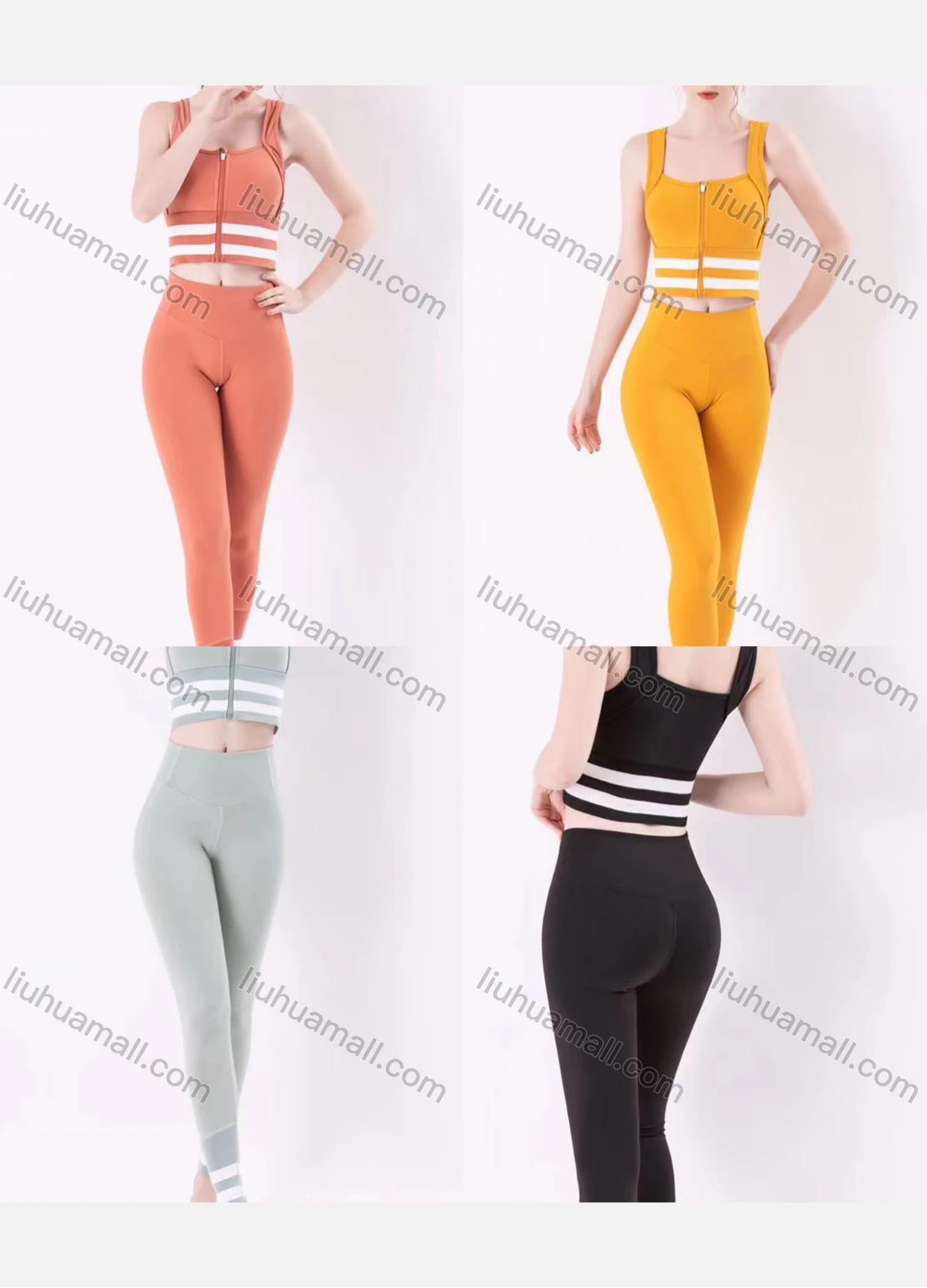 Wholesale Women's Striped Zip Stretchy Sports Tank Top & High Waist Butt Lifting Ankle Length Yoga Leggings 2 Piece Set 826# - Liuhuamall