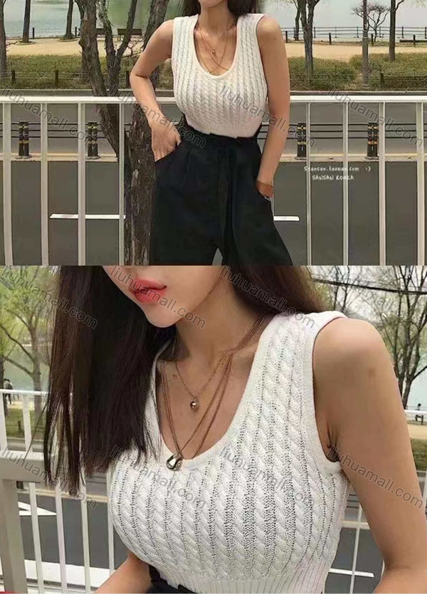 Wholesale Women's Casual Plain Scoop Neck Cable Knit Pullover Knit Tank Top - Liuhuamall