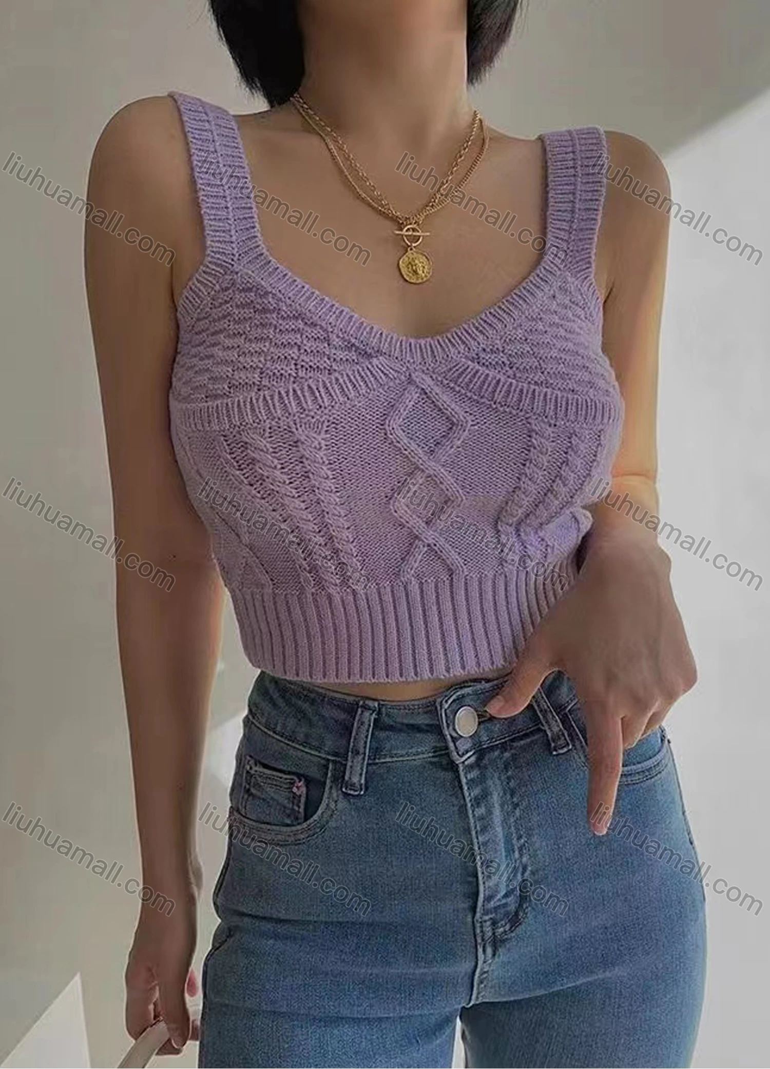 Wholesale Women's Casual Plain Scoop Neck Cable Knit Pullover Knit Tank Top - Liuhuamall