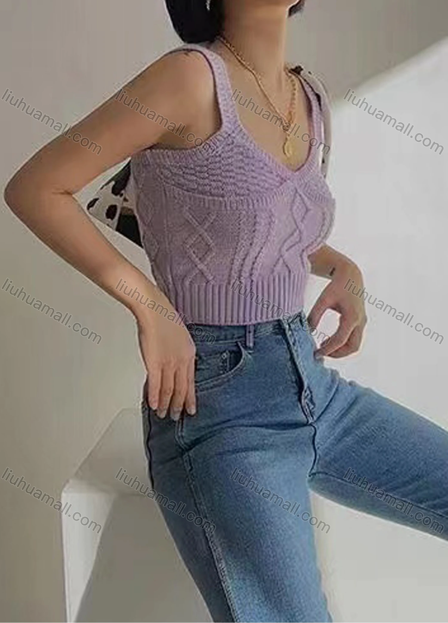 Wholesale Women's Casual Plain Scoop Neck Cable Knit Pullover Knit Tank Top - Liuhuamall