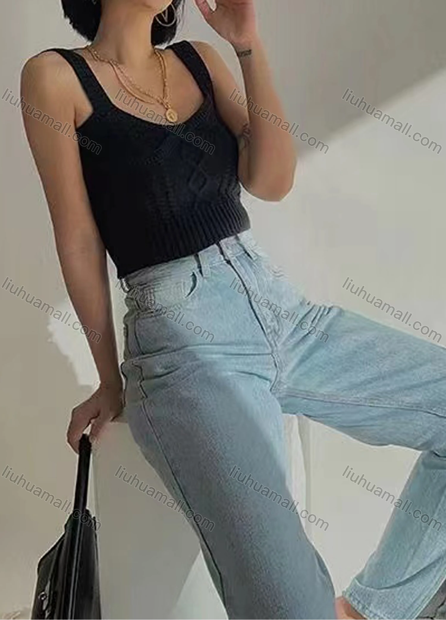 Wholesale Women's Casual Plain Scoop Neck Cable Knit Pullover Knit Tank Top - Liuhuamall