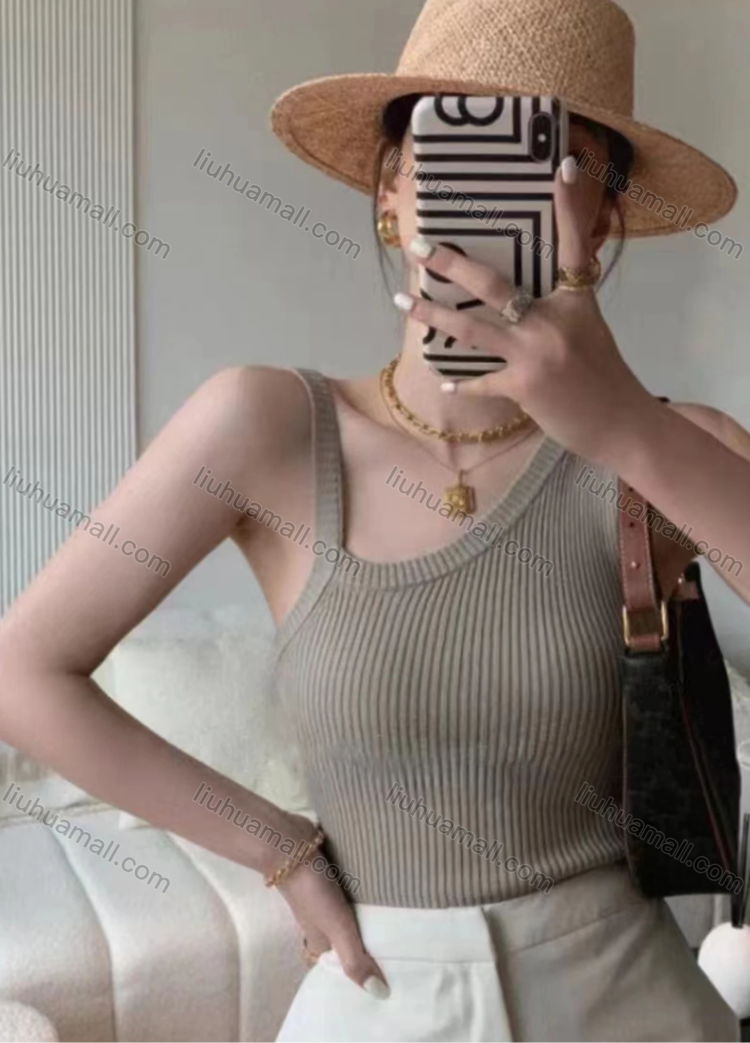 Wholesale Women's Casual Plain Asymmetrical Neck Hollow Out Ribbed Knit Pullover Knit Tank Top - Liuhuamall