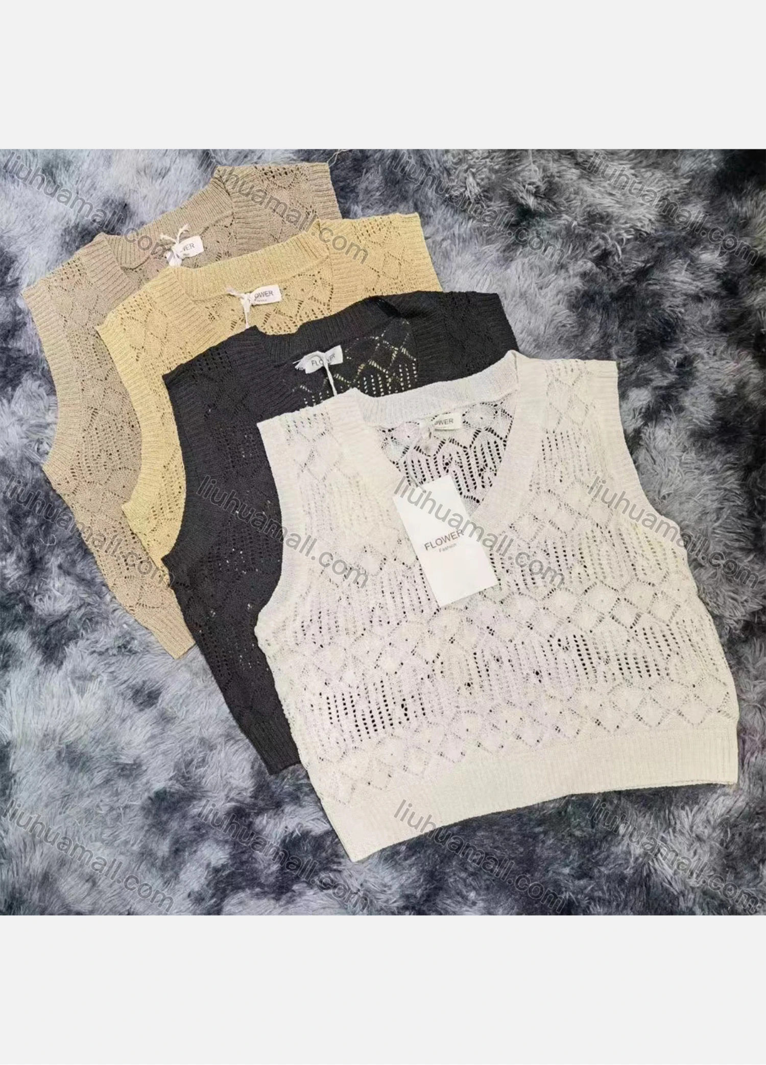 Wholesale Women's Casual Plain V Neck Hollow Out Pullover Knit Tank Top - Liuhuamall