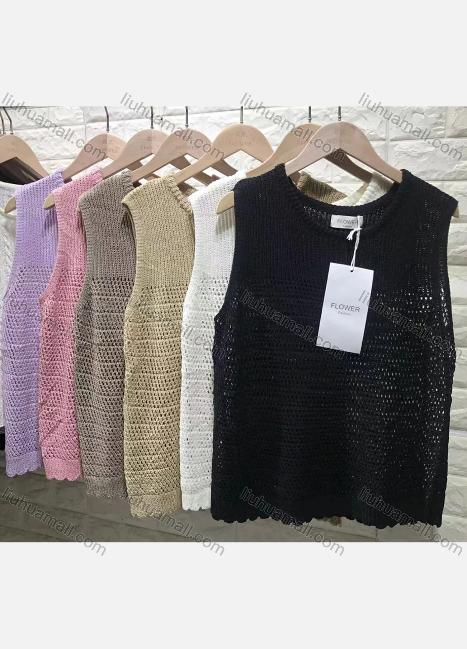 Wholesale Women's Casual Plain Round Neck Rib Hollow Out Knit Tank Top - Liuhuamall