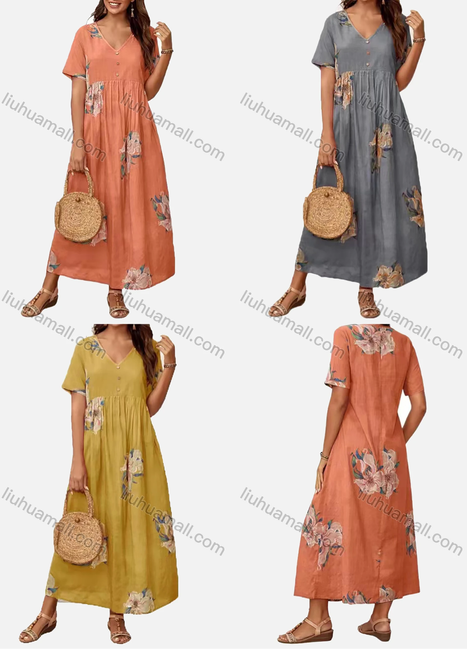 Wholesale Women's Vacation V Neck Short Sleeve Floral Print Maxi Dress - Liuhuamall