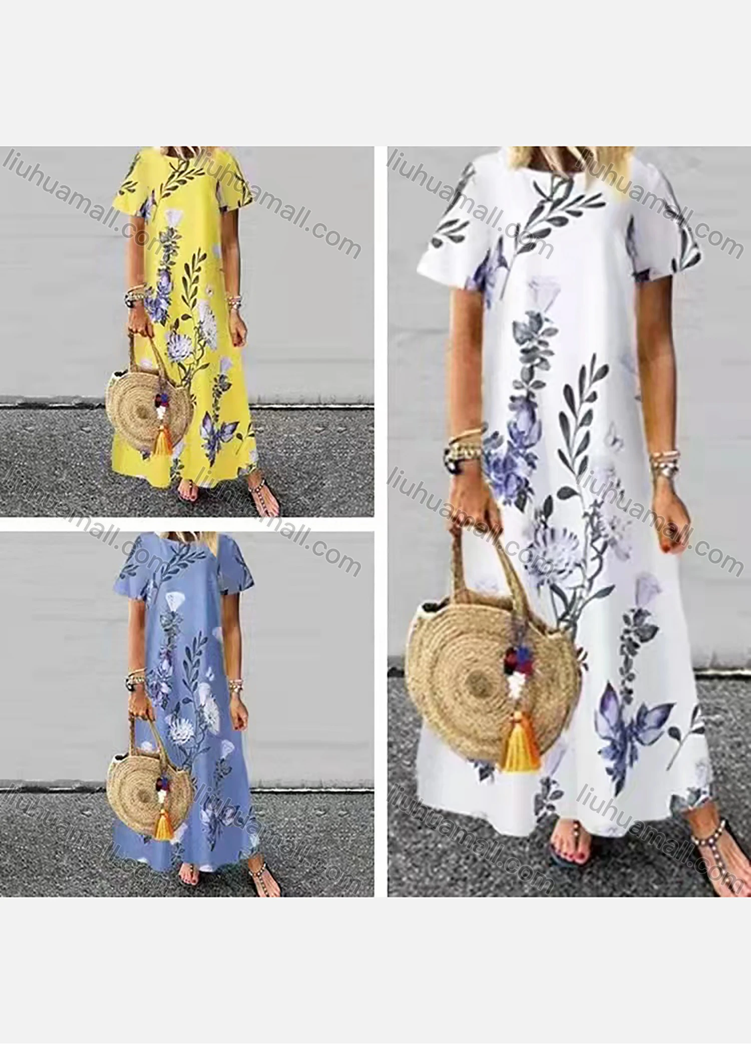 Wholesale Women's Round Neck Short Sleeve Floral Print Loose Casual Maxi Dress - Liuhuamall
