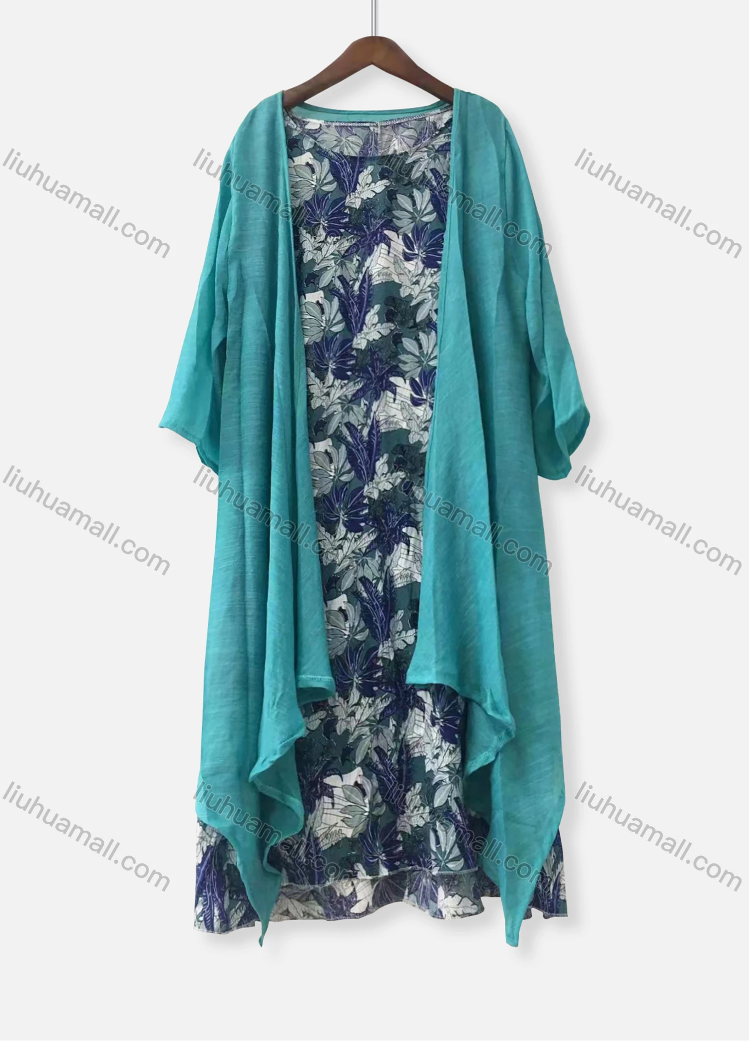 Wholesale Women's Elegant 3/4 Sleeve Floral Print Maxi Dress With Cardigan - Liuhuamall