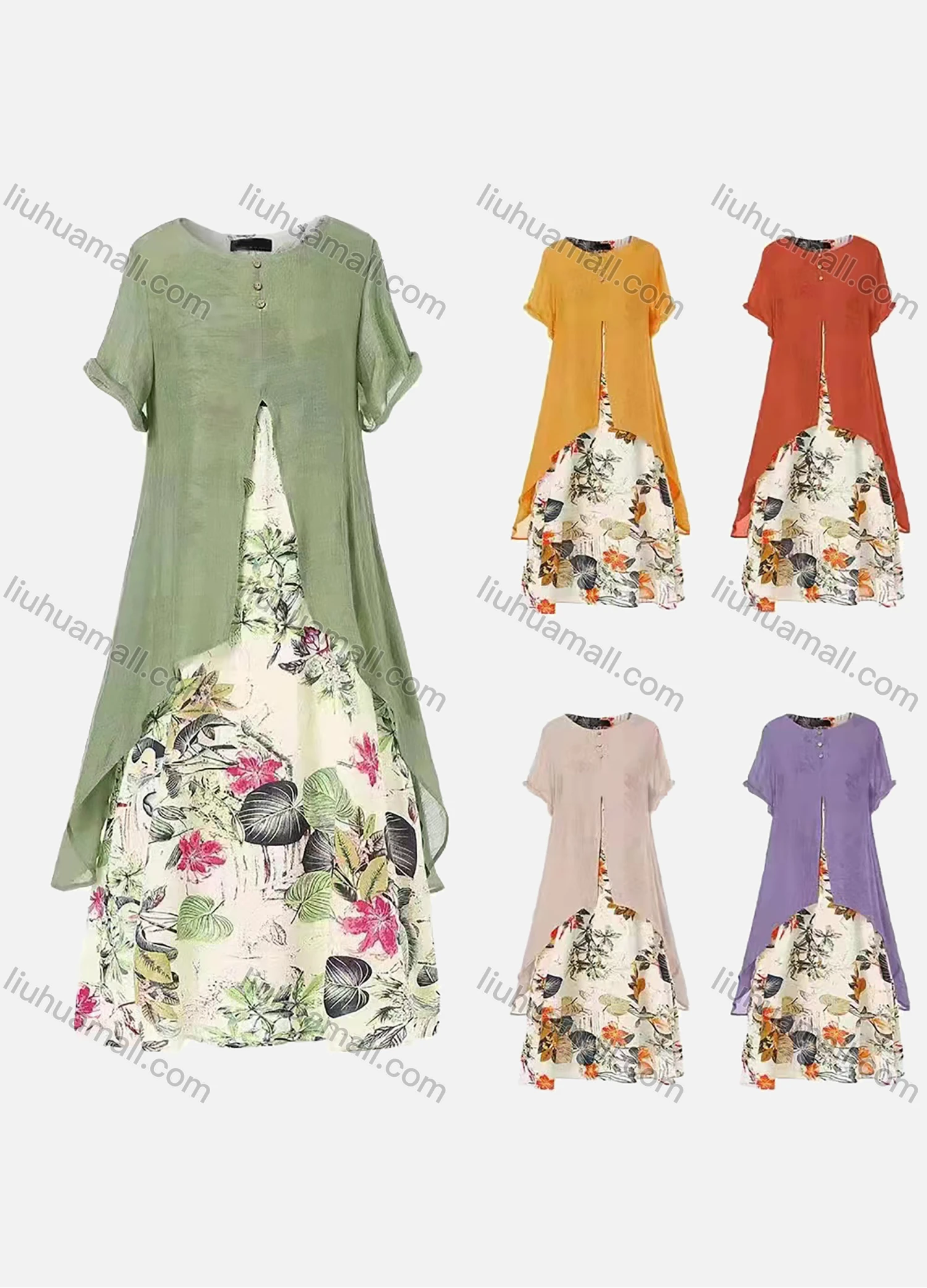 Wholesale Women's Elegant Floral Print Maxi Dress With Rolled Sleeve Asymmetrical Cover Up 801# - Liuhuamall